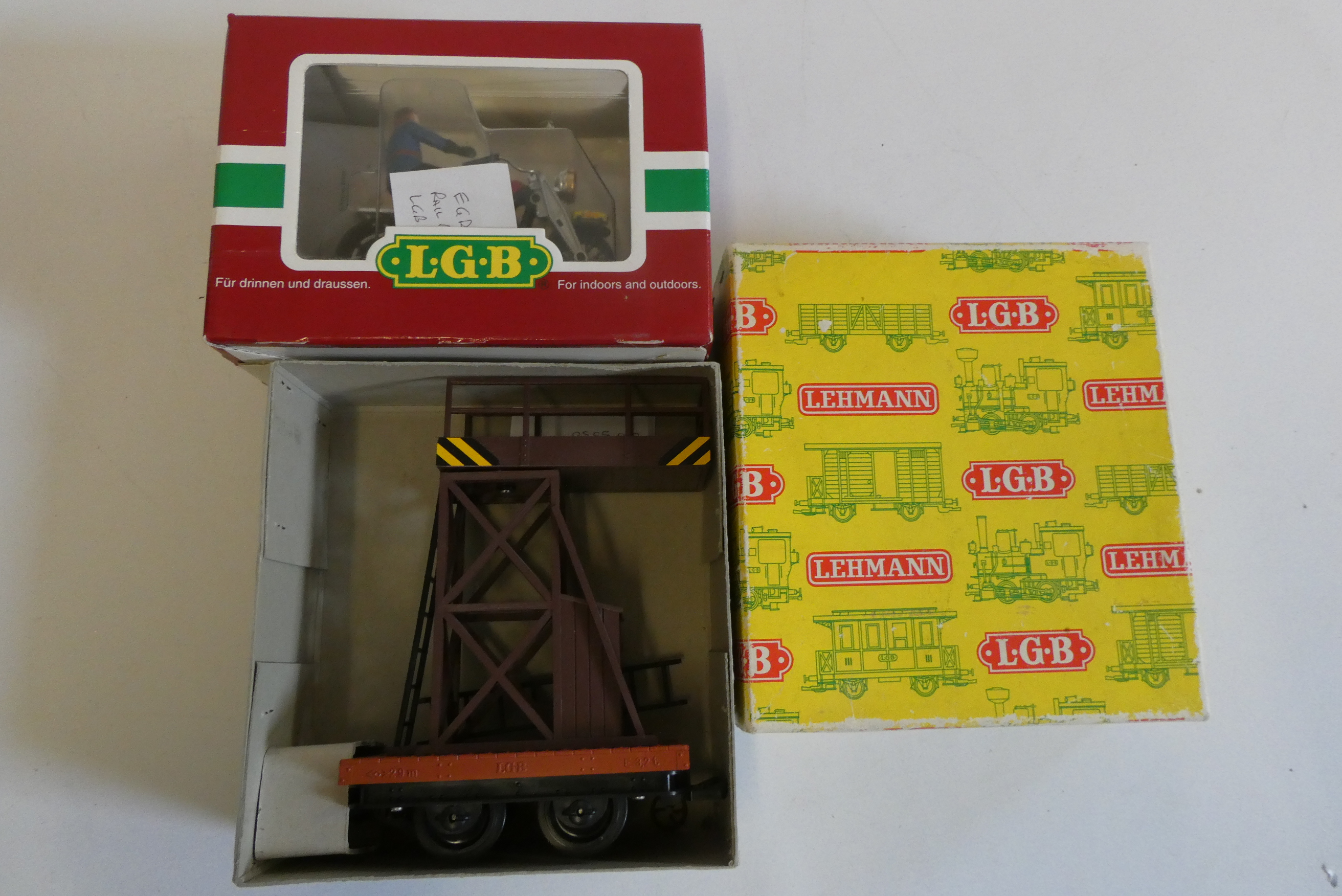 LGB rail motorbike with rider and tunnel inspection wagon, both items boxed, good to excellent Image
