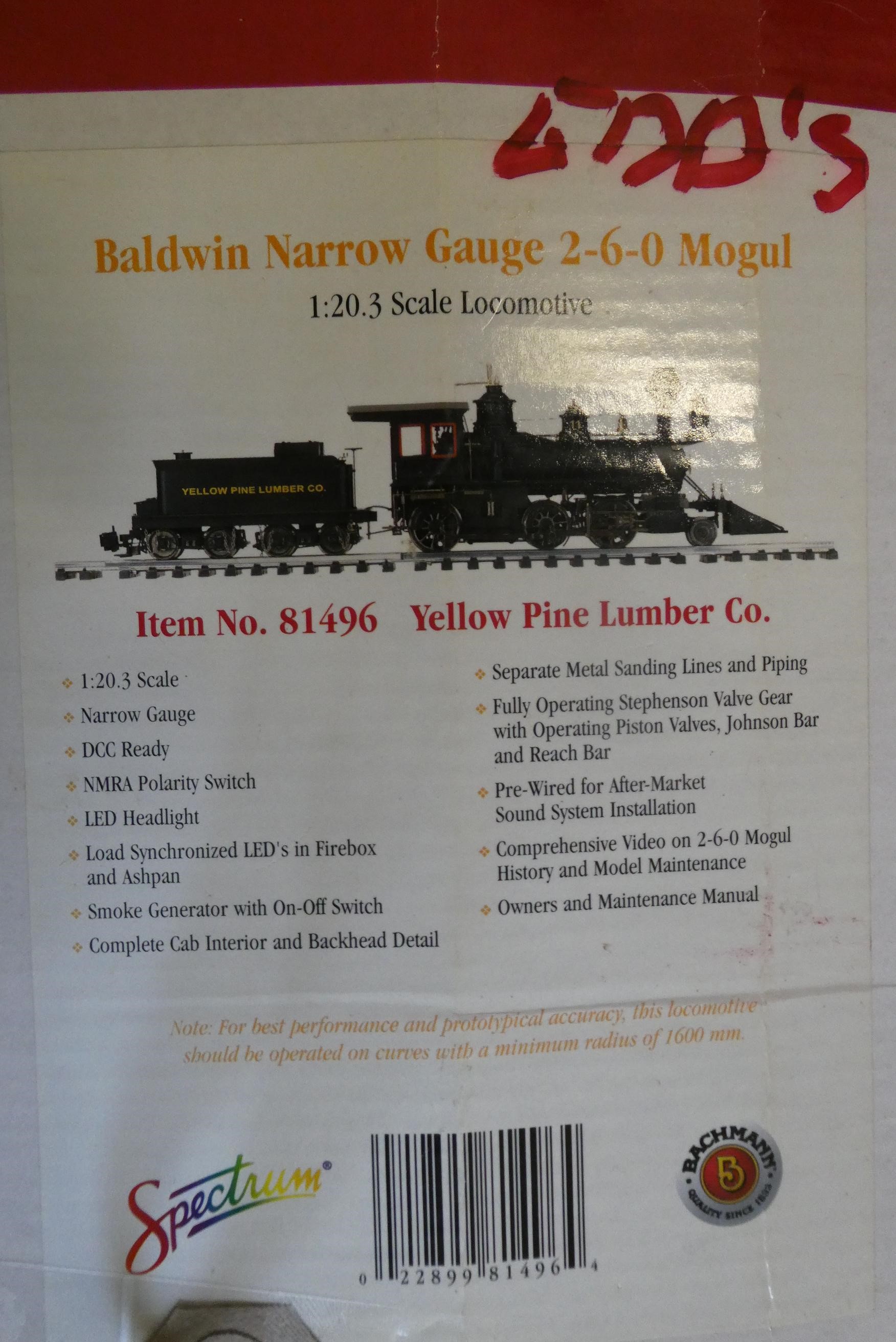 Bachmann Spectrum Baldwin narrow gauge Mogul locomotive Yellow Pine Lumber Co., boxed, good Image