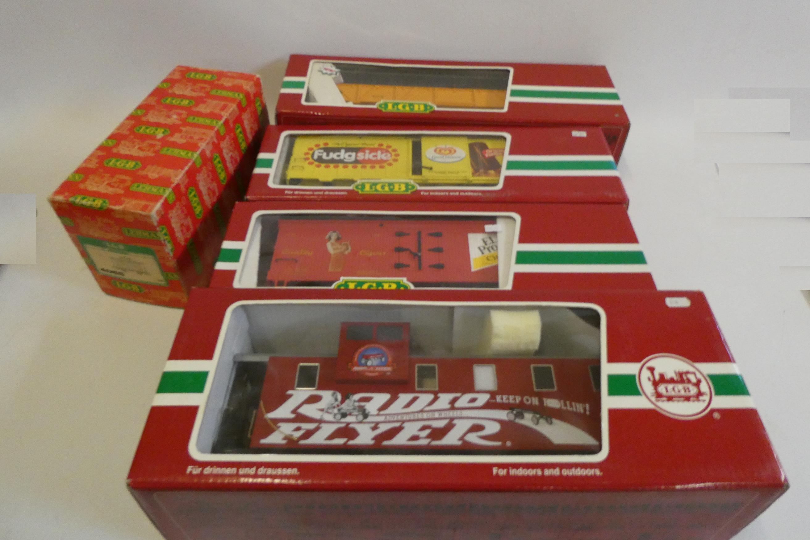 Five LGB American goods wagons comprising Denver and Rio Grande gondola, Caboose and three bogie box Image