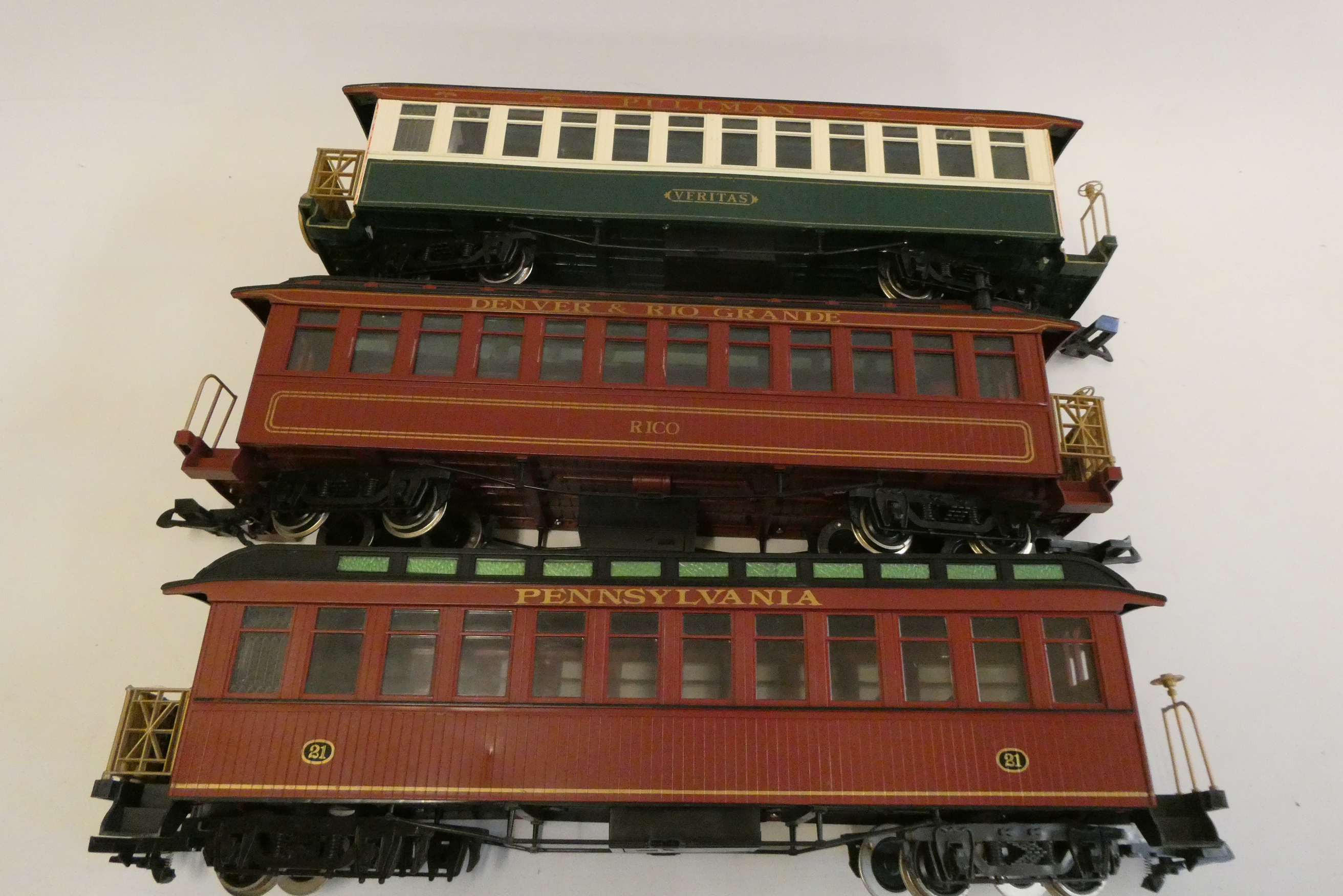 Six unboxed American bogie passenger coaches including Pennsylvania Denver Rio Grande and Pullman Image