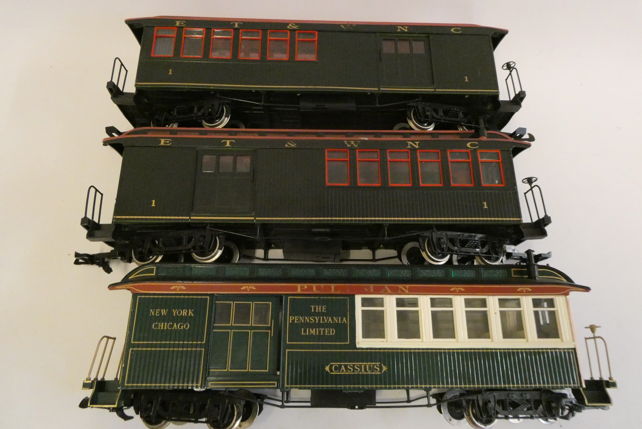 Six unboxed American bogie passenger coaches including Pennsylvania Denver Rio Grande and Pullman Image