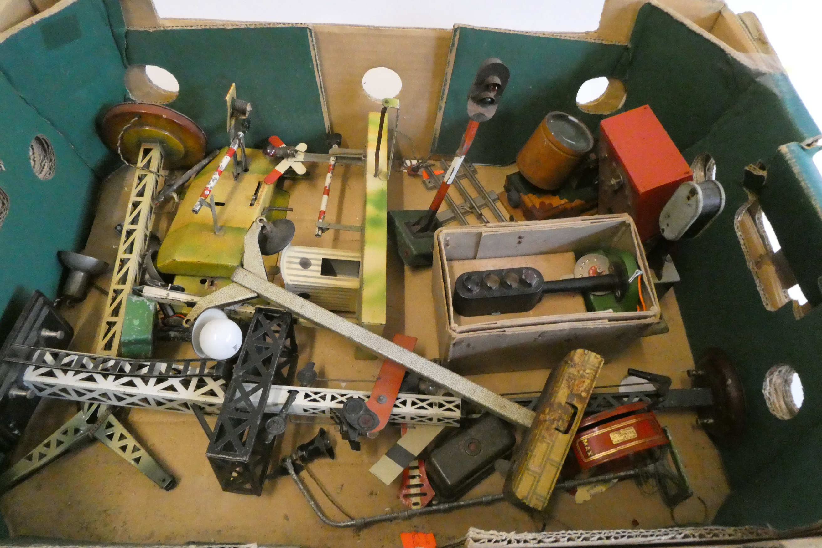 O gauge one gauge trackside items by German makers including signals, lamps and footbridge, some Image