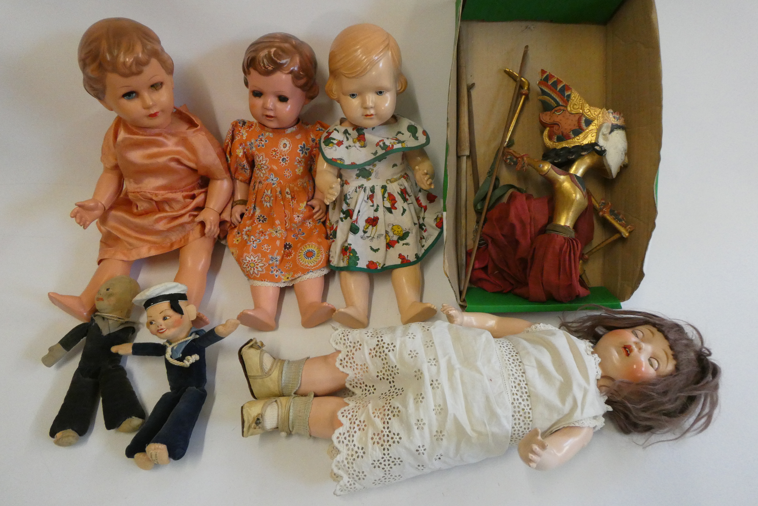 Seven vintage dolls, including two Norah Welling sailors, a Malaysian wood carved puppet, Image