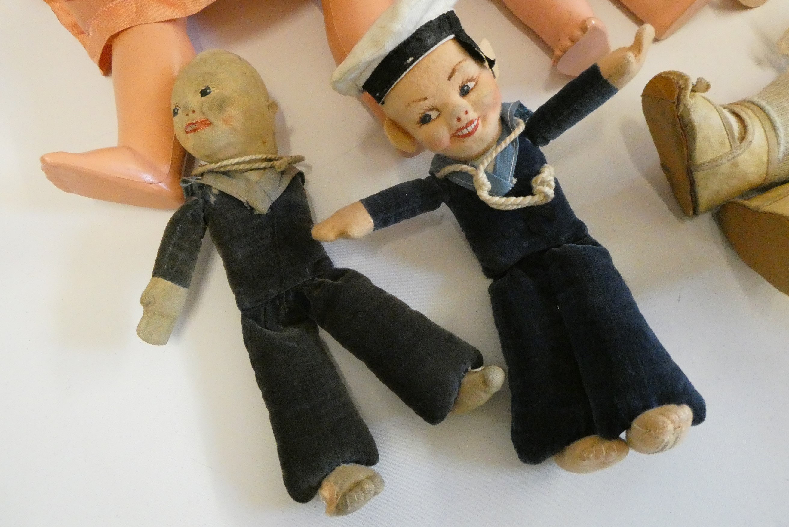 Seven vintage dolls, including two Norah Welling sailors, a Malaysian wood carved puppet, Image
