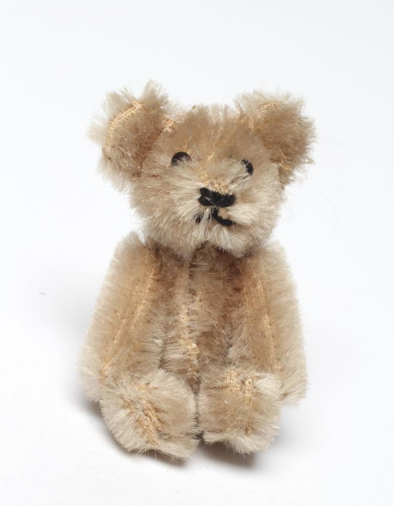 Possibly Farnell miniature soldier bear, with yellow plush, black button eyes and sewn nose, 2 3/4" Image