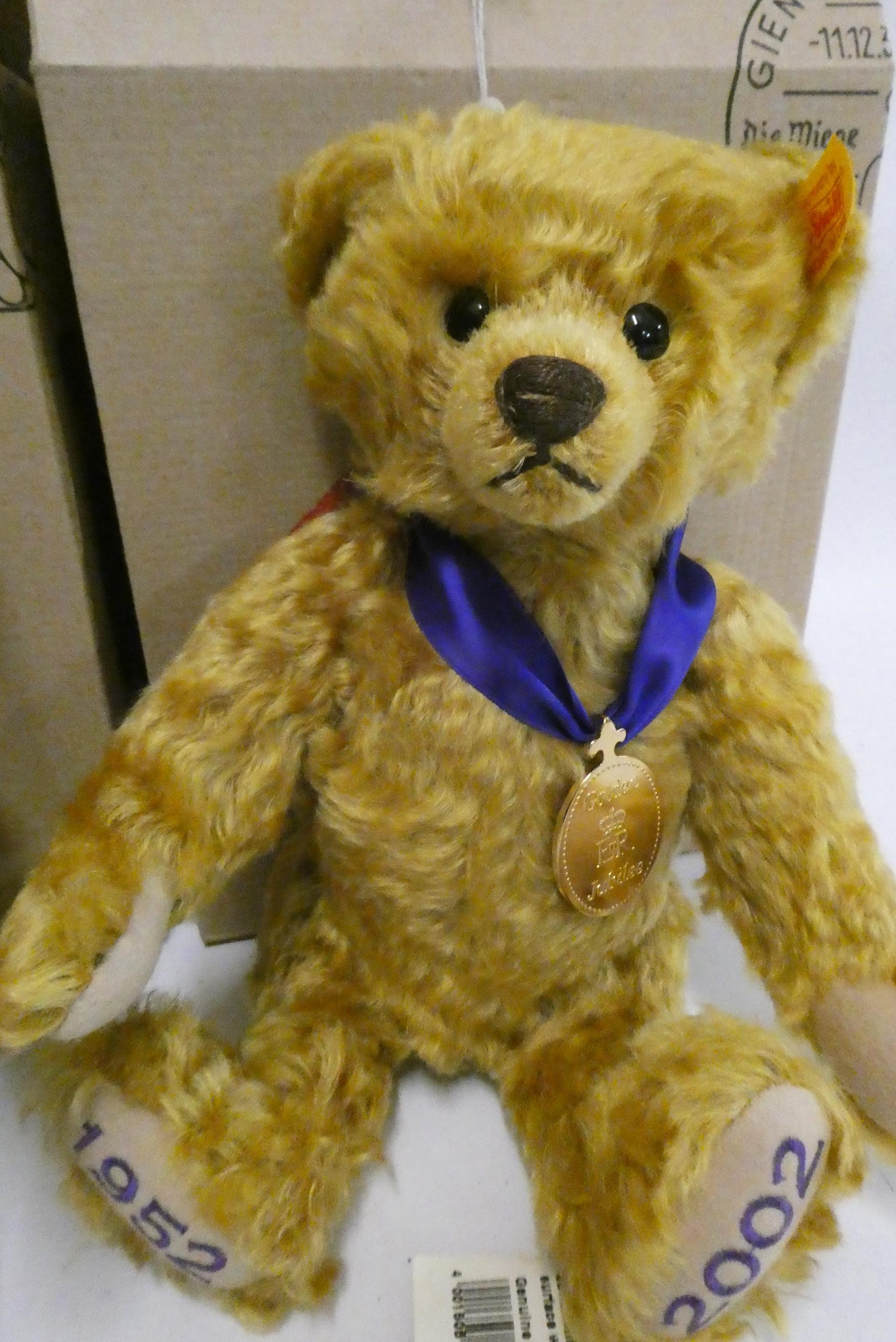 Two boxed Steiff bears, comprising a 29cm Golden Jubilee bear and a 29cm growling 100 years of Image