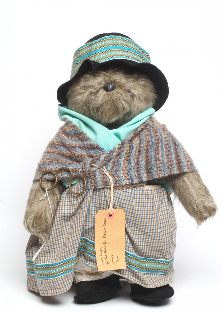 Paddington Gabrielle Designs Aunt Lucy bear, with brown eyes, felt hat, green scarf, dress, wool Image