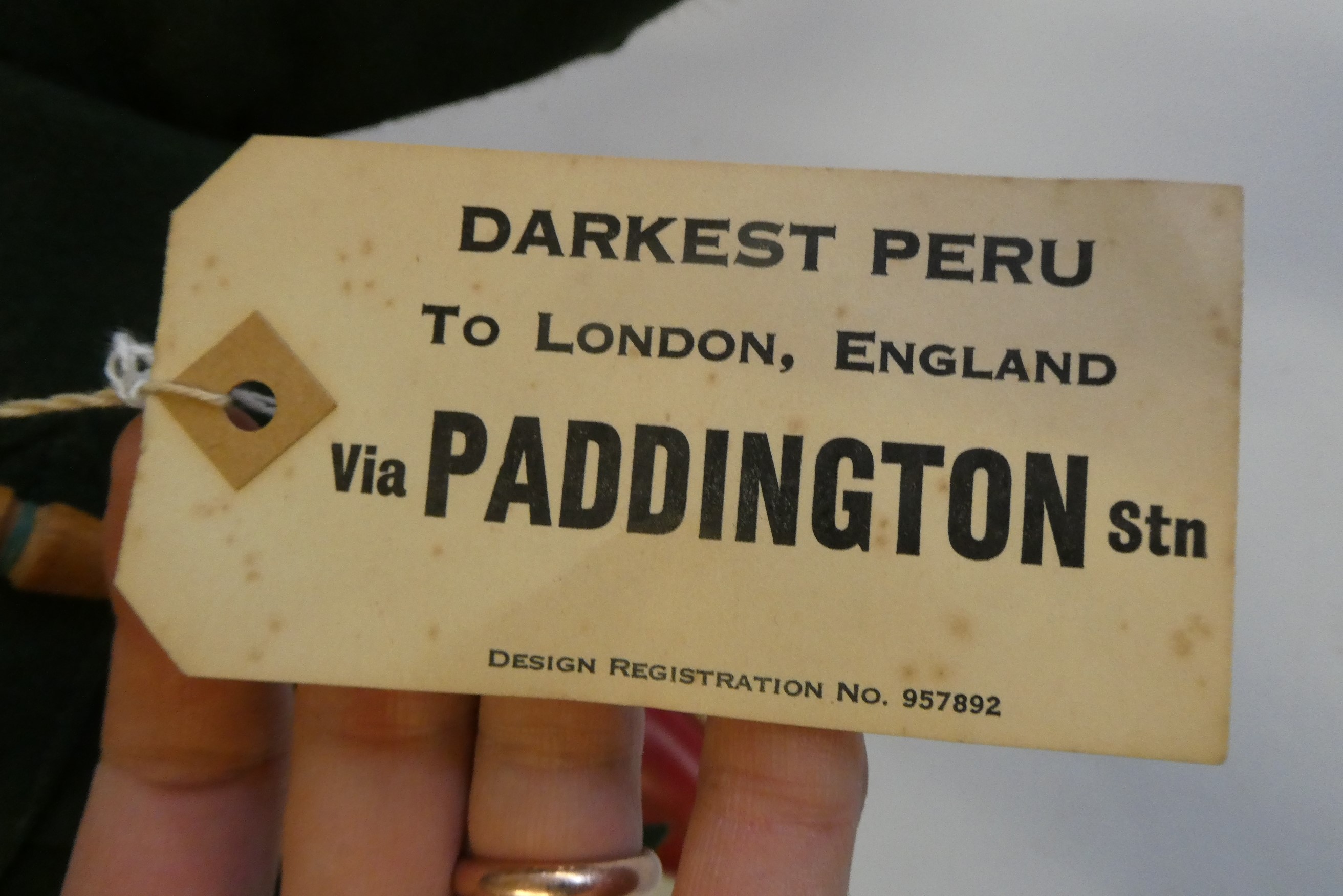 Paddington bear, with amber eyes, green felt coat, blue felt hat, red Dunlop boots, and card label, Image