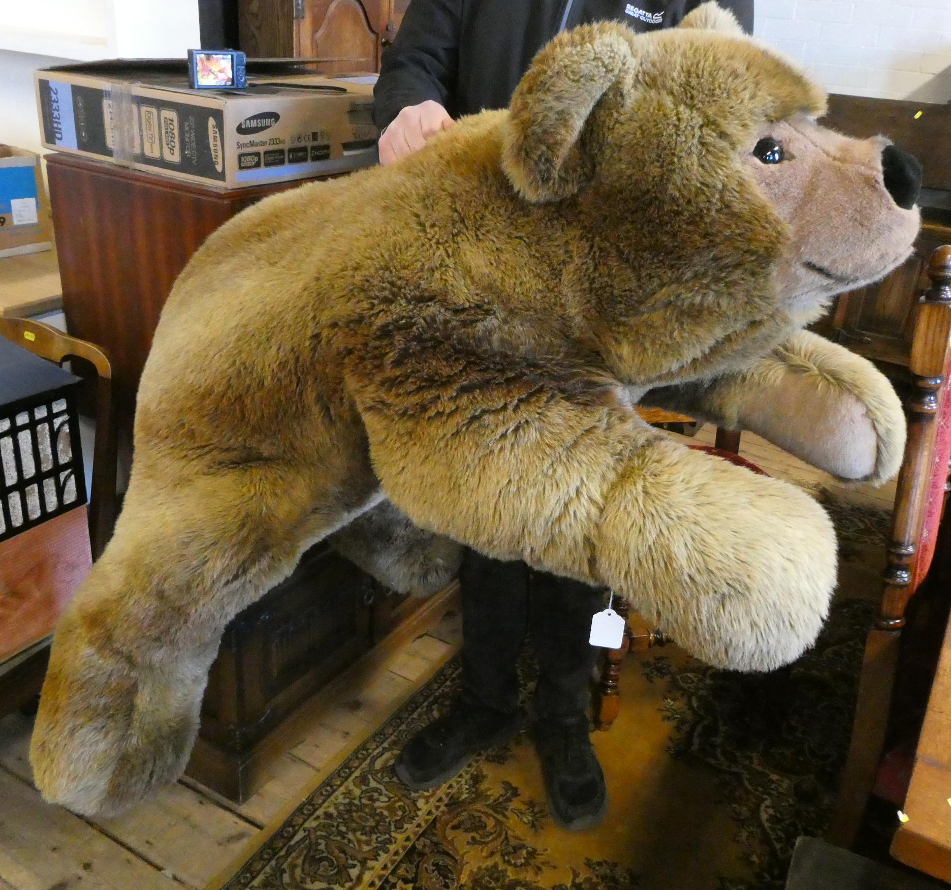 A very large Steiff recumbent teddy bear, with long brown plush, brown eyes, short plush nose and Image