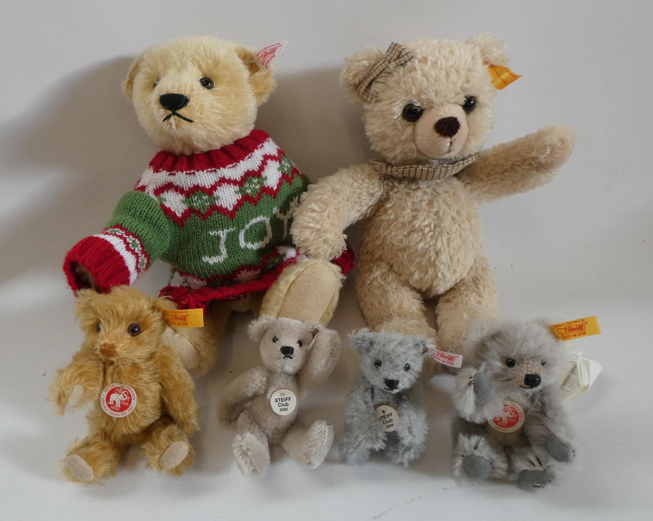 Six Steiff teddy bears, comprising 4 miniature bears including Steiff Club 2004 and 2005, Clara 23 Image