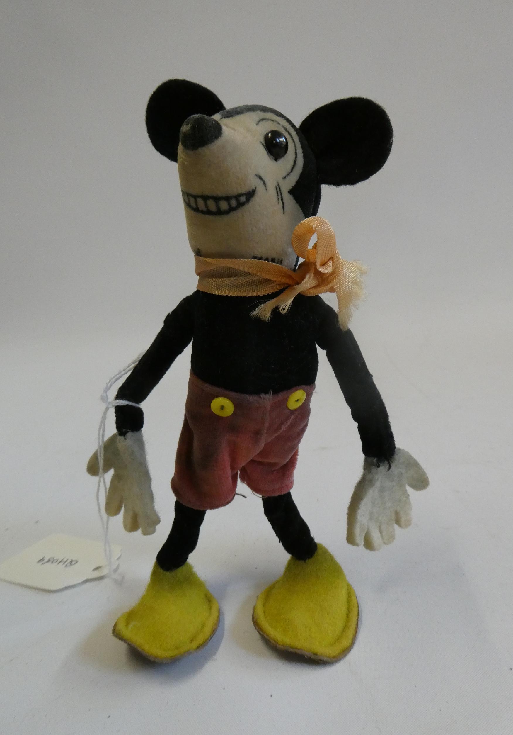 Deans felt Mickey Mouse, with shoe button eyes, registration number to neck, red shorts and yellow Image