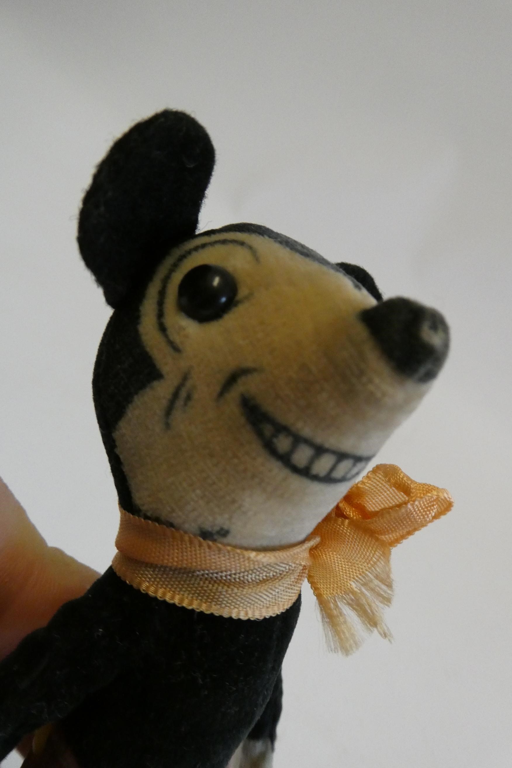 Deans felt Mickey Mouse, with shoe button eyes, registration number to neck, red shorts and yellow Image