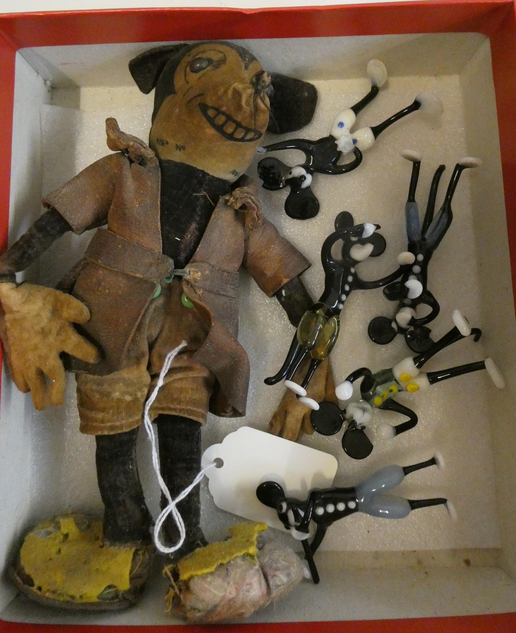 Deans felt Mickey Mouse, with shoe button eyes and original clothing, 7 1/2" long, together with Image