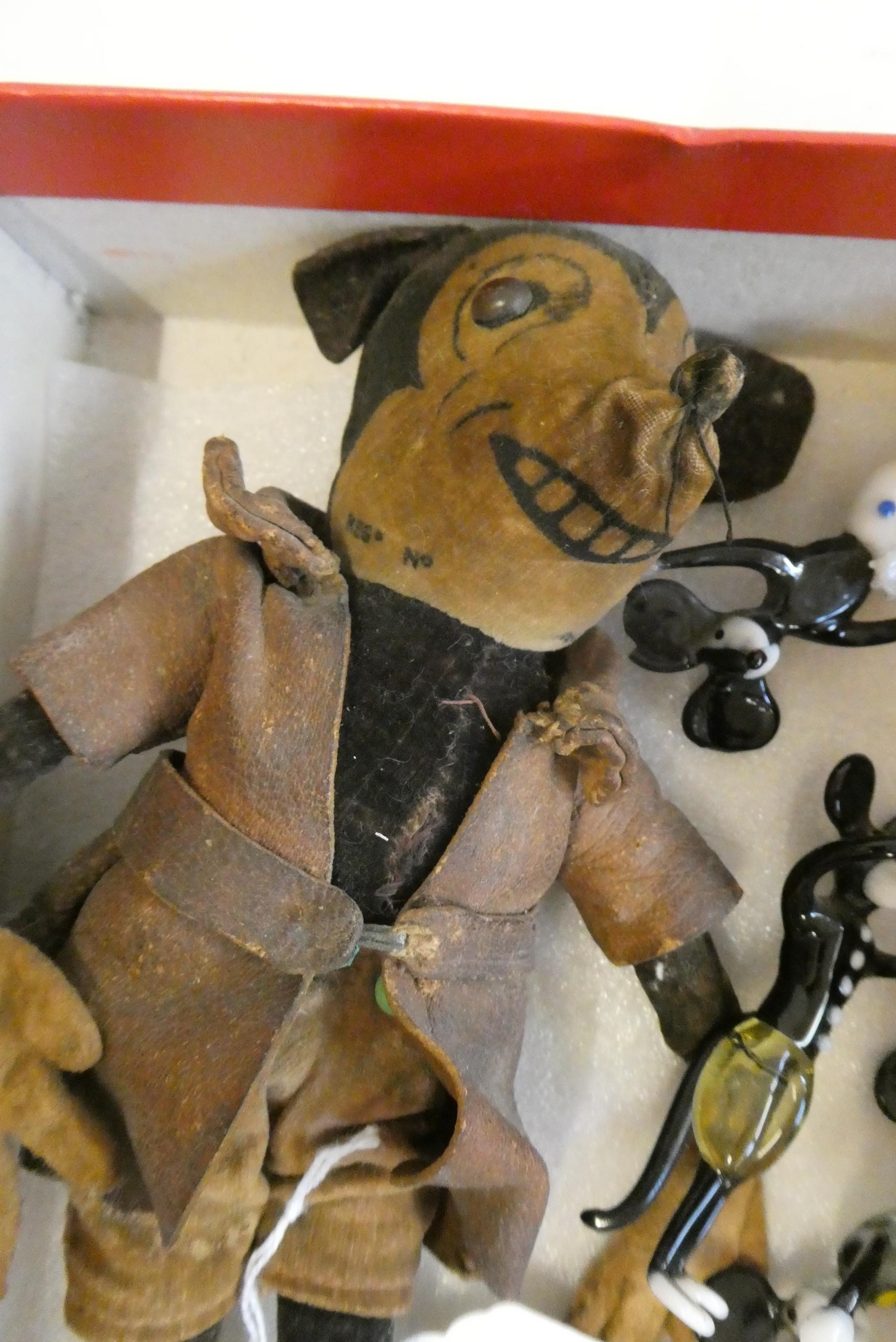 Deans felt Mickey Mouse, with shoe button eyes and original clothing, 7 1/2" long, together with Image