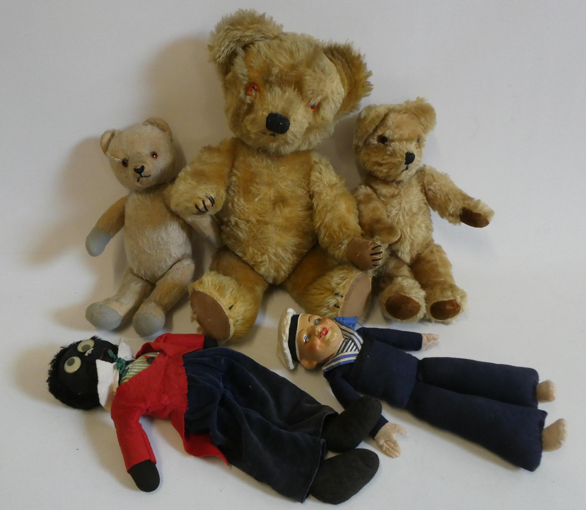 Five vintage stuffed toys, comprising a 17" Chad Valley bear with fabric label, two smaller teddy Image