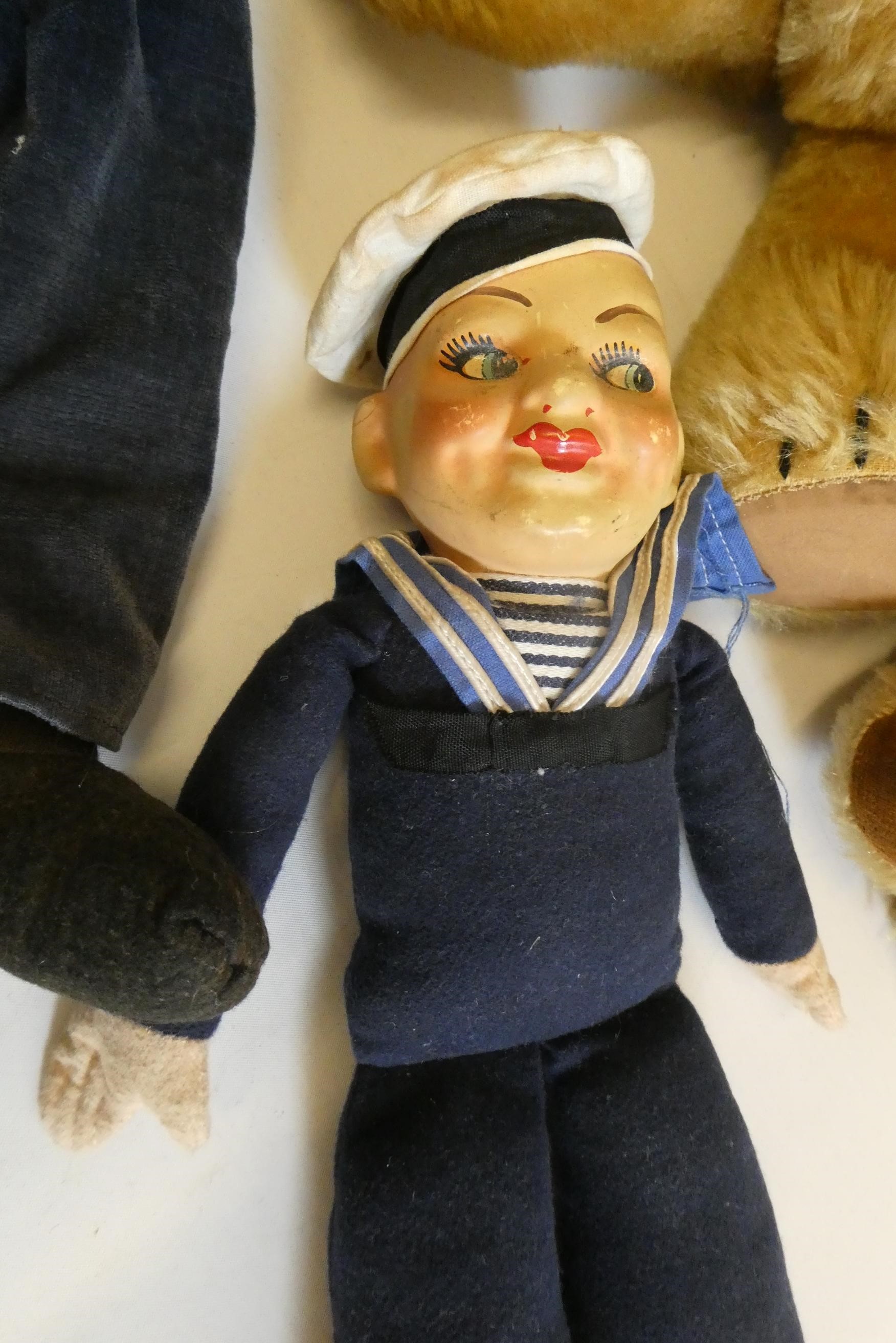 Five vintage stuffed toys, comprising a 17" Chad Valley bear with fabric label, two smaller teddy Image