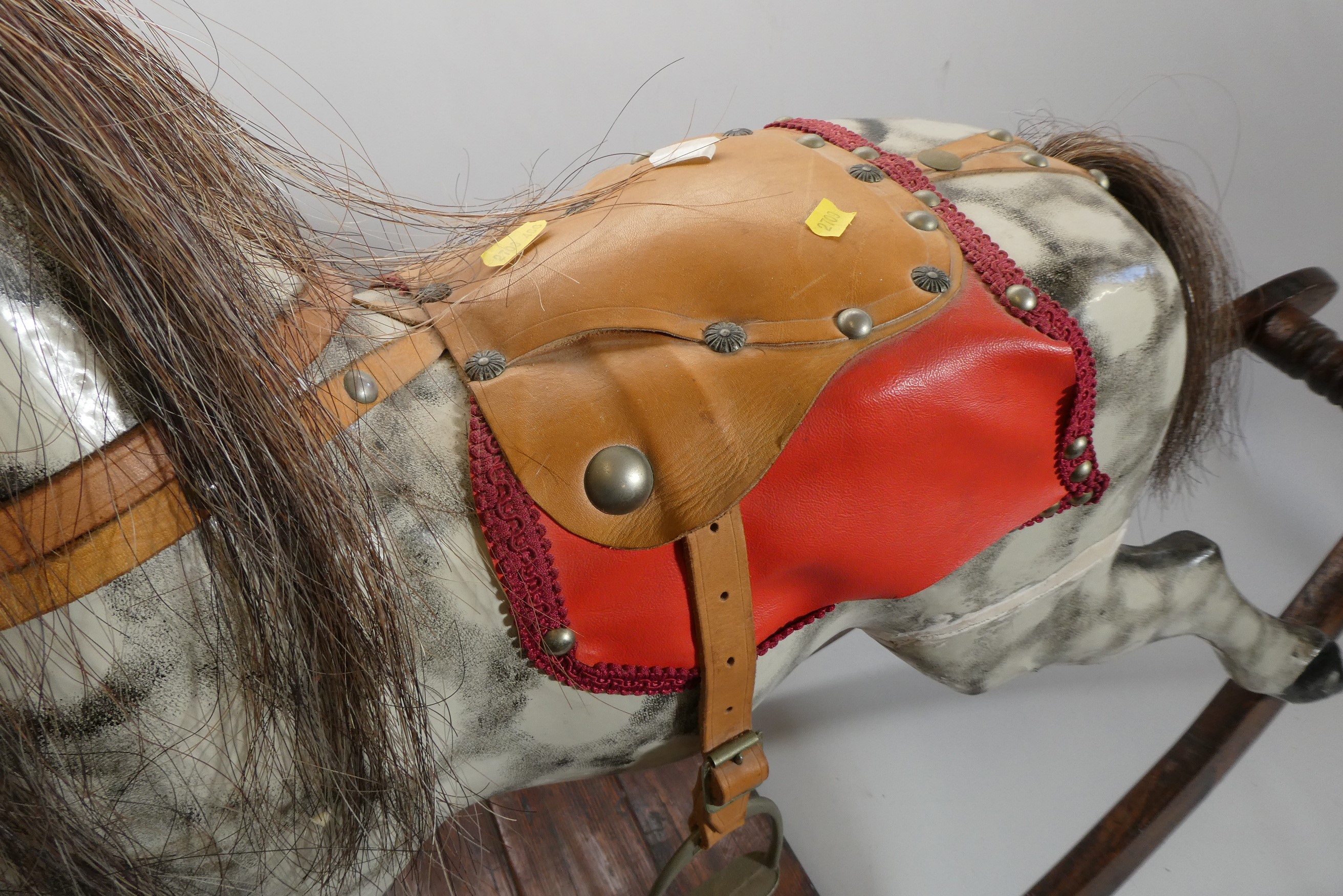 Vintage rocking horse, wooden body, glass eyes, dappled grey paint, horse hair mane and tail, Image