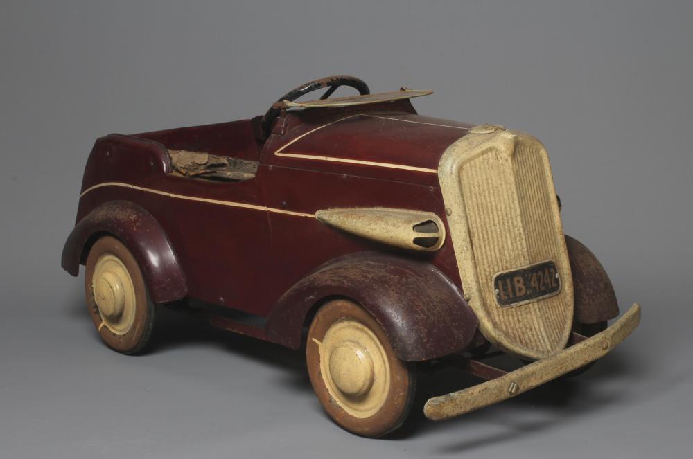 Lines Brothers vintage open tourer pedal car, pressed metal construction with maroon pin striped Image