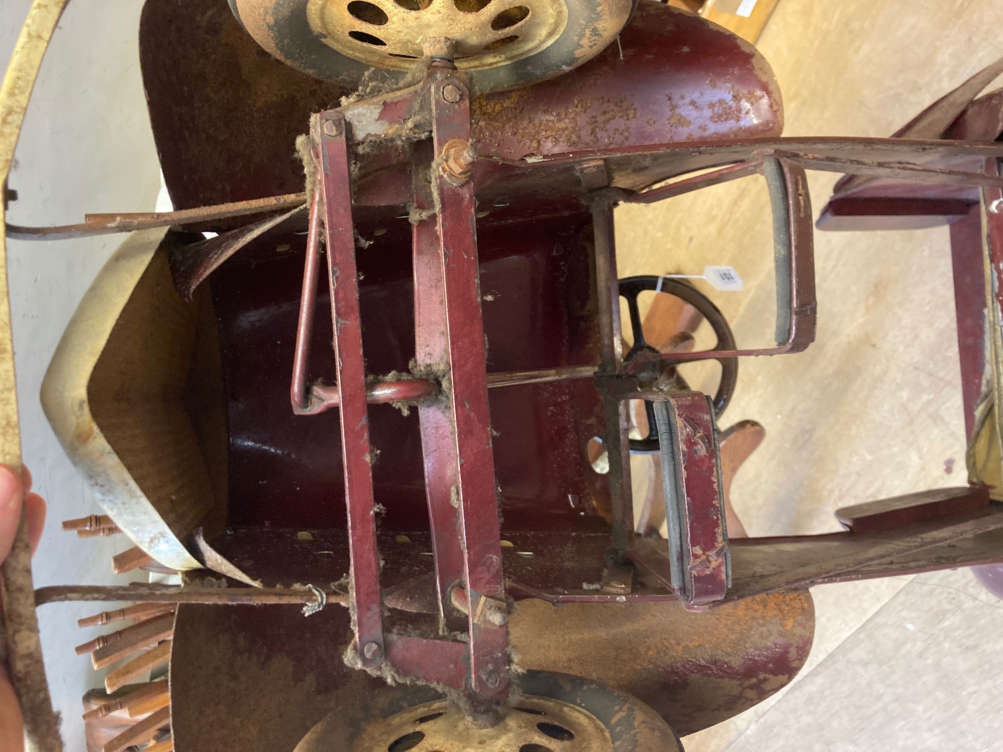 Lines Brothers vintage open tourer pedal car, pressed metal construction with maroon pin striped Image