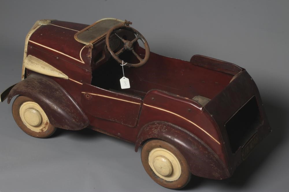 Lines Brothers vintage open tourer pedal car, pressed metal construction with maroon pin striped Image