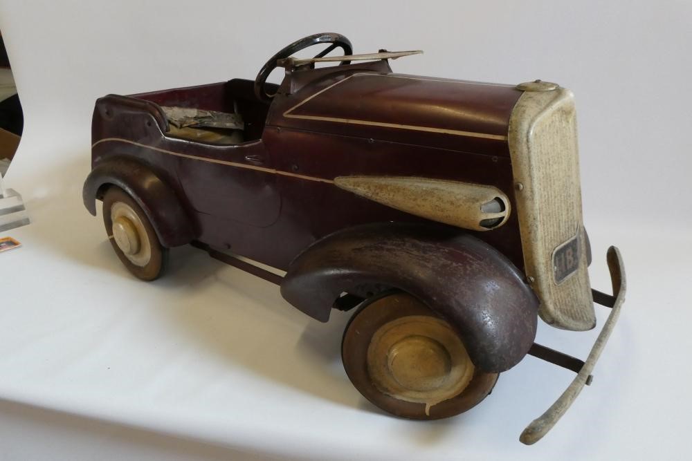 Lines Brothers vintage open tourer pedal car, pressed metal construction with maroon pin striped Image
