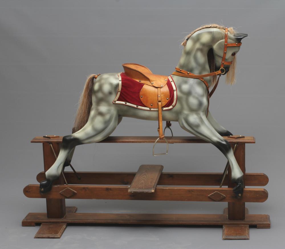 Rocking horse, 20th century, of carved wood construction, painted in dappled grey, with horse hair Image