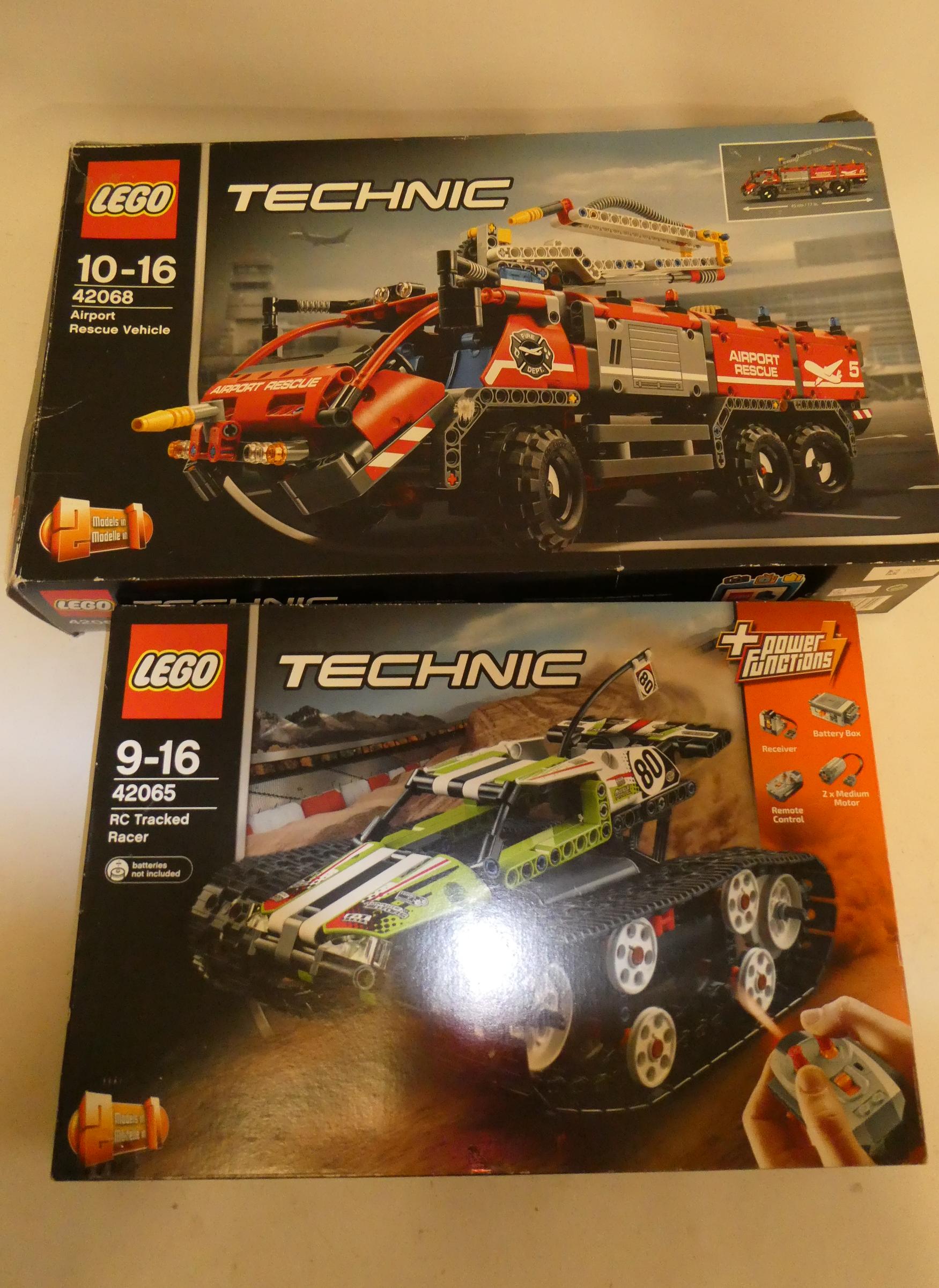 2 Lego Technic boxed sets, comprising 42065 RC Tracked Racer and 42068 Airport Rescue Vehicle Image