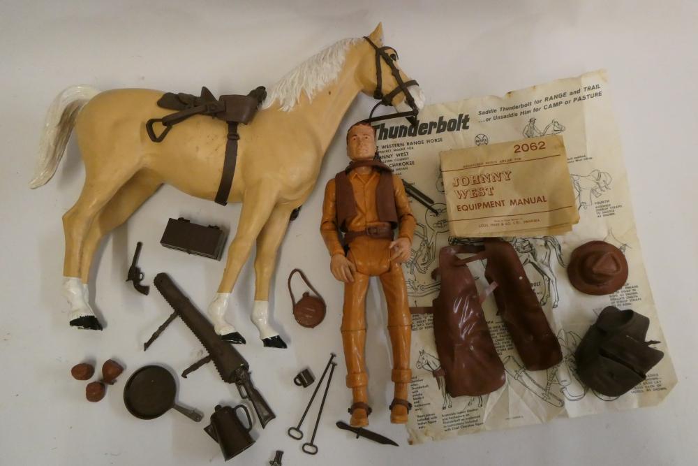 Johnny West action figure by Marx, together with a boxed Thunderbolt, paper manuals and some Image