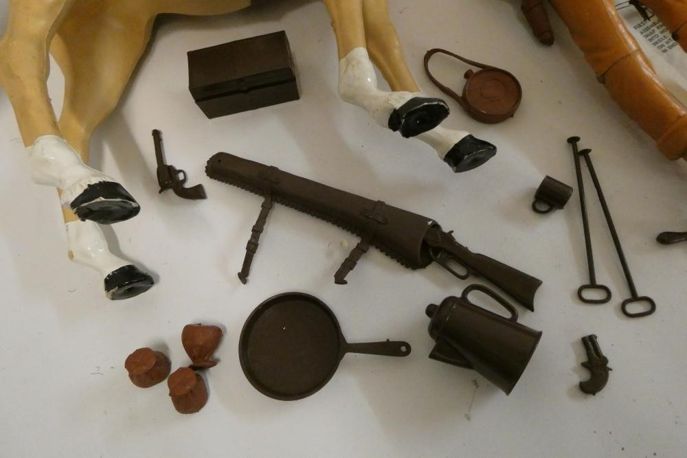 Johnny West action figure by Marx, together with a boxed Thunderbolt, paper manuals and some Image