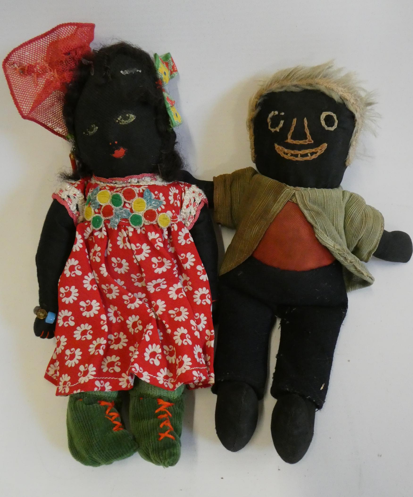 Two folk art vintage dolls, one with painted features, the other sewn, both in original clothing, Image