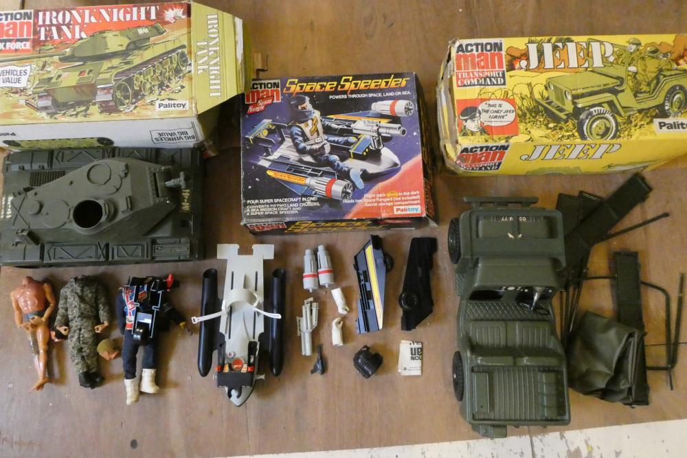 Action Man accessories and vehicles, comprising boxed Space Speeder, boxed Jeep, boxed Iron Knight Image