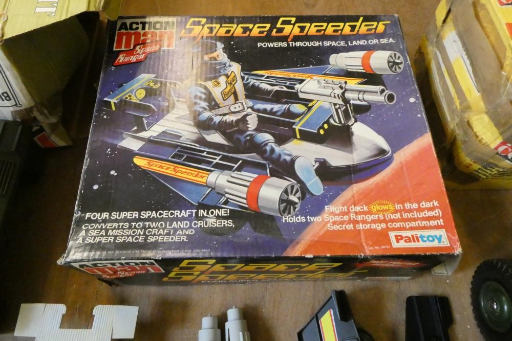 Action Man accessories and vehicles, comprising boxed Space Speeder, boxed Jeep, boxed Iron Knight Image