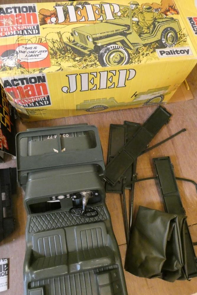 Action Man accessories and vehicles, comprising boxed Space Speeder, boxed Jeep, boxed Iron Knight Image