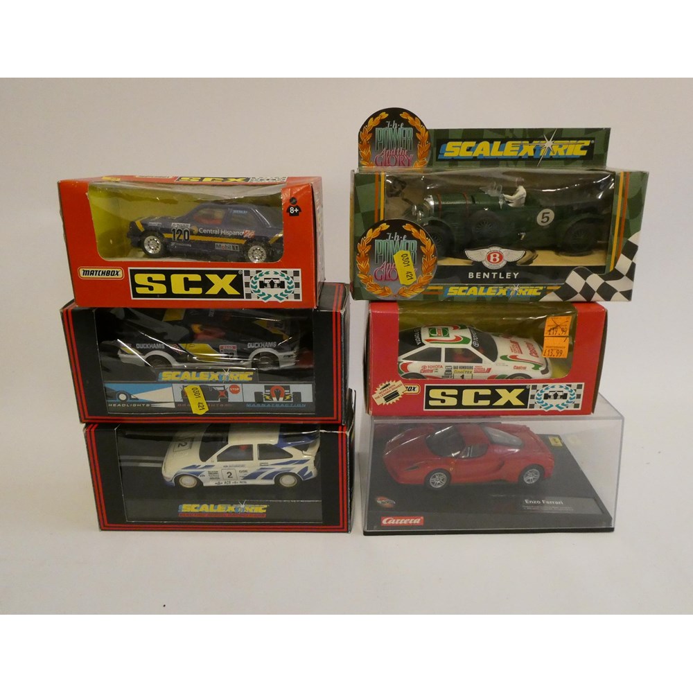 Six slot cars comprising Scalextric, Bentley, Scalextric Ford Escort Cosworth, Scalextric Ford RS Image