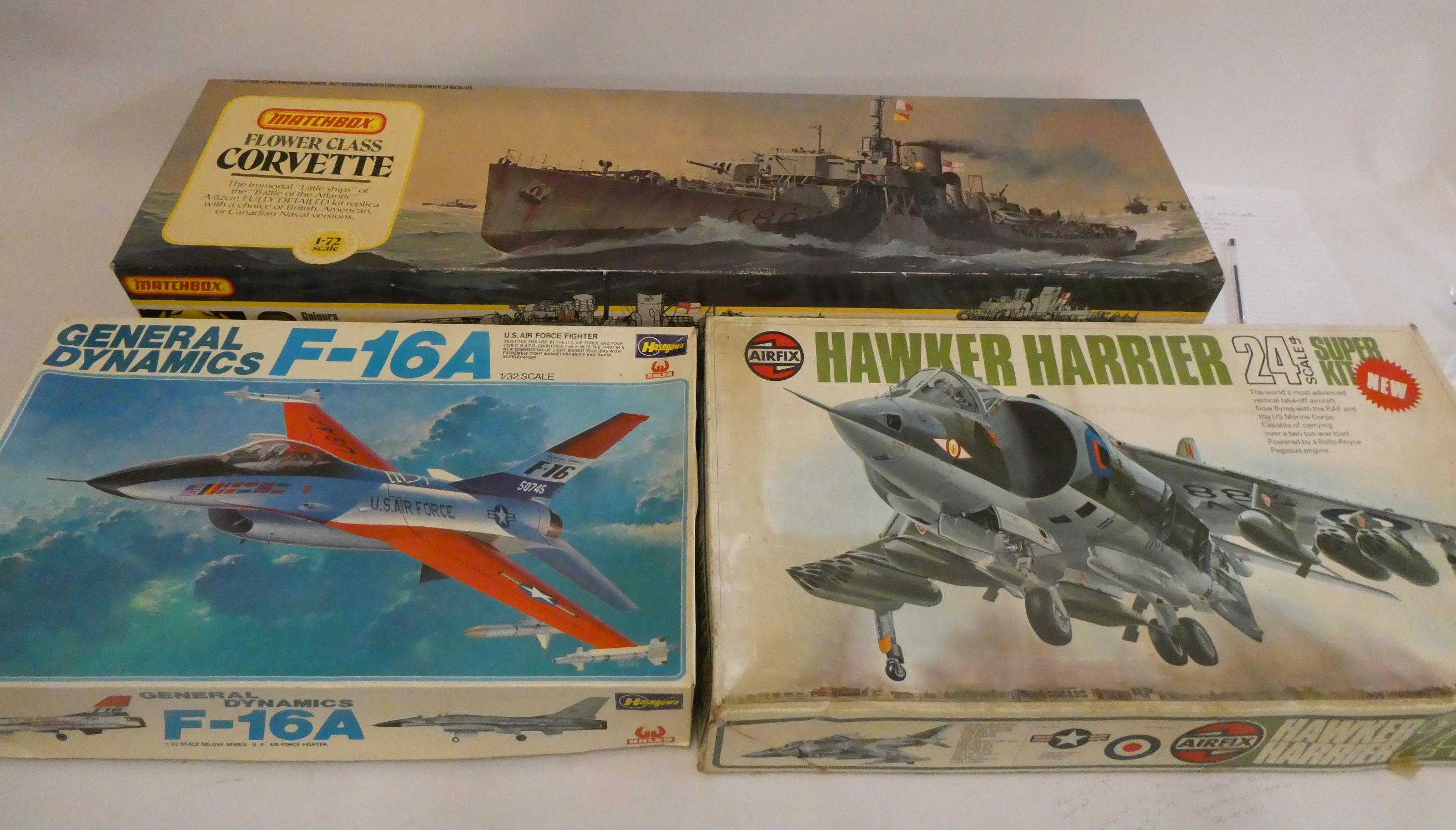 Three large scale plastic model kits comprising Hasegawa F16A Image