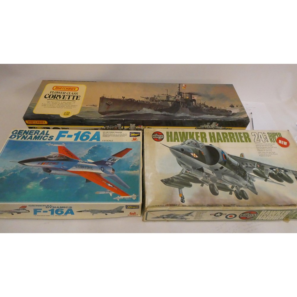 Three large scale plastic model kits comprising Hasegawa F16A Image