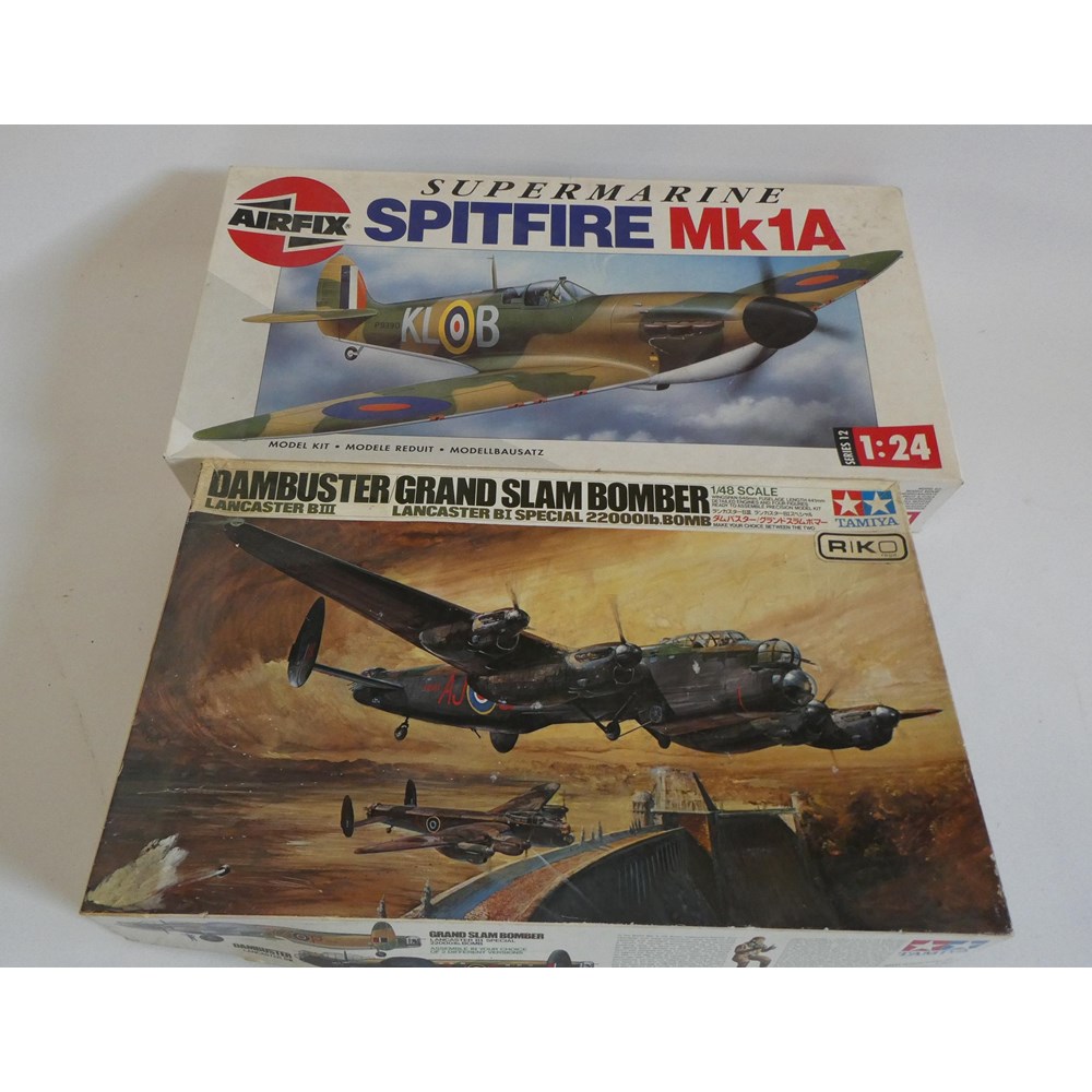 Two plastic aircraft kits comprising Airfix 1/24th scale Spitfire (started) and Tamiya 1/48 scale Image