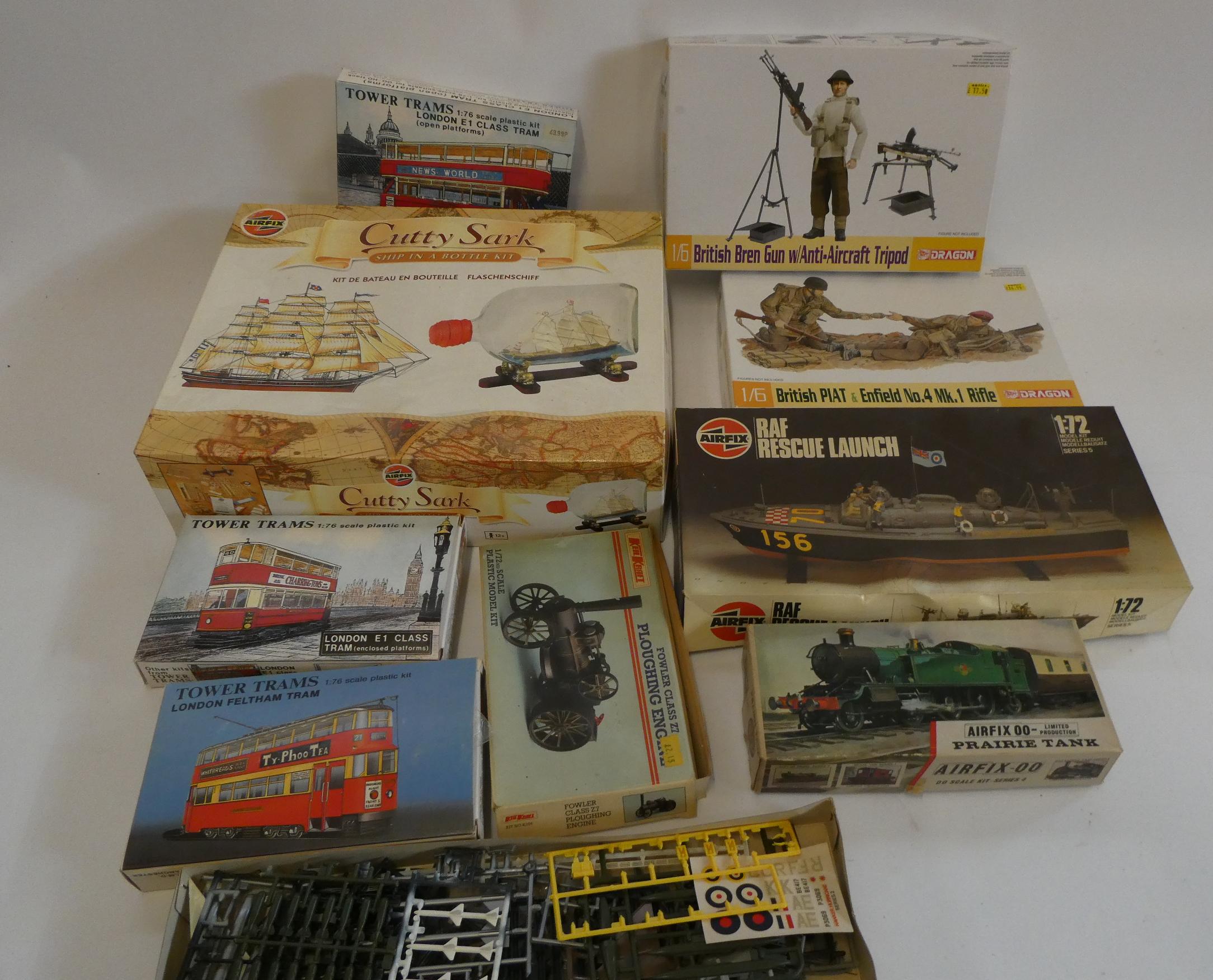 Nine plastic kits by Airfix and others including trams, The Cutty Sark and other boats, all items Image