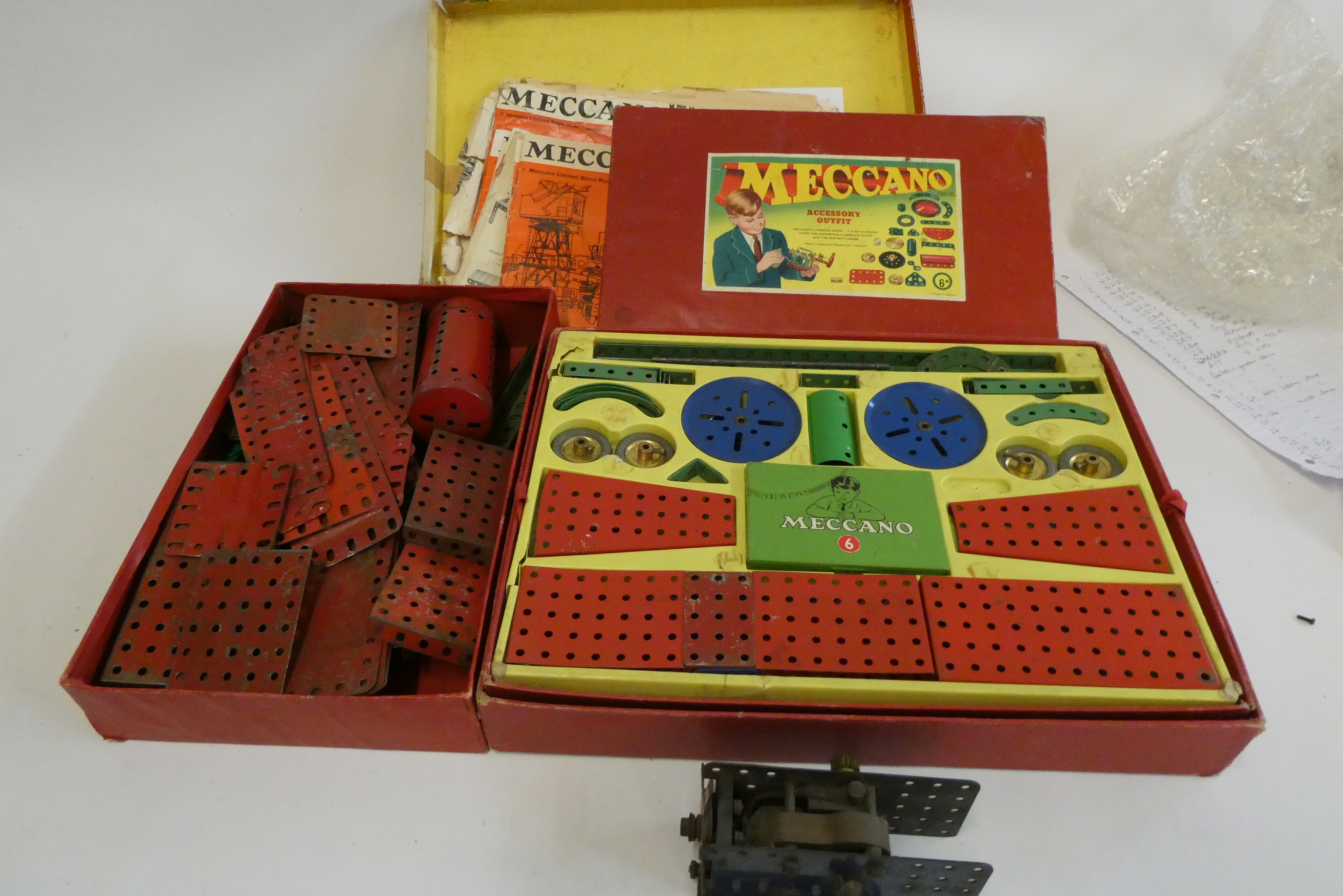 Playworn Meccano Construction Sets, 1950's, red and green parts Including instruction pamphlets and Image