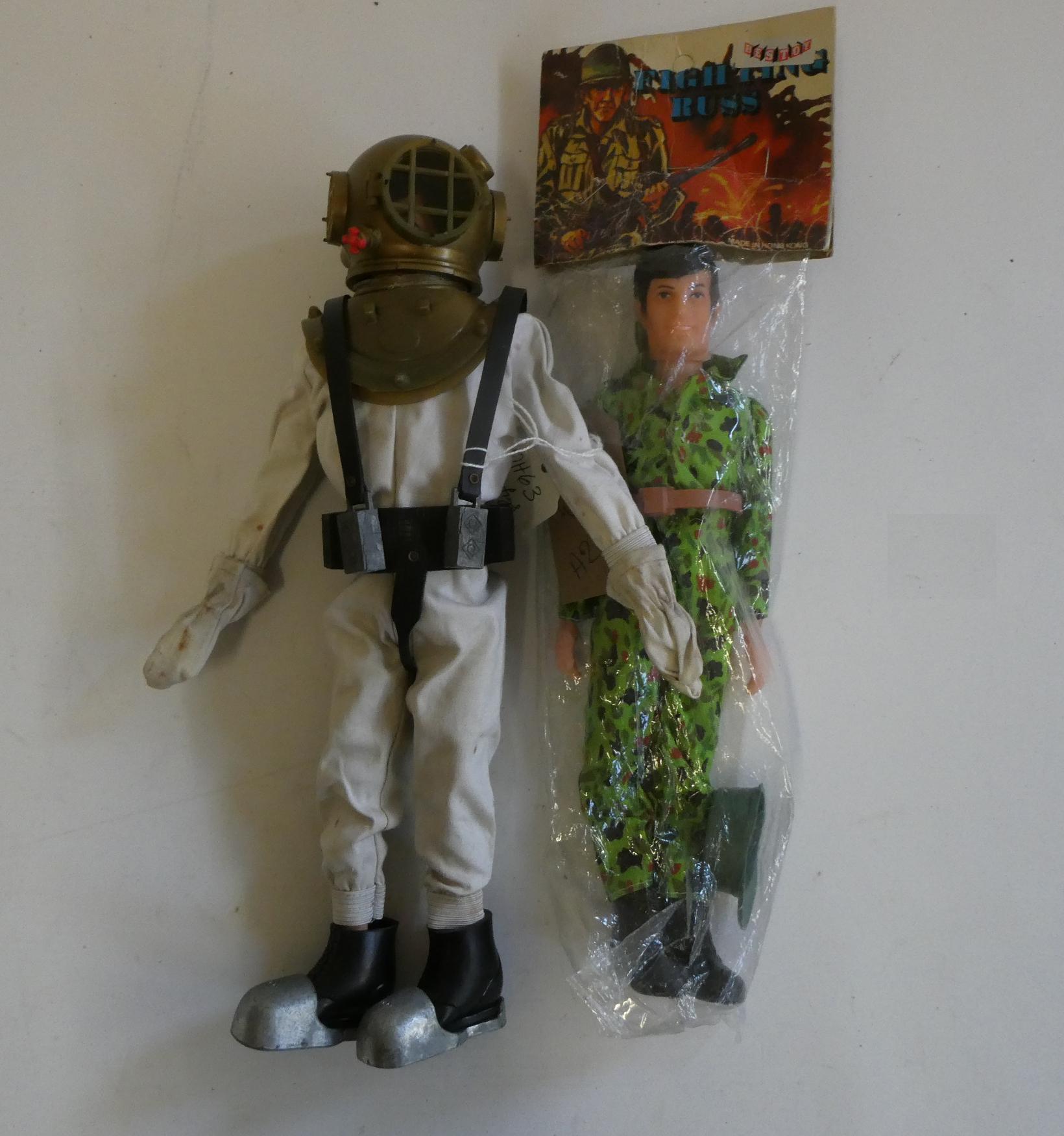 Action Man wearing Deep Sea Diver outfit, good, and Fighting Russ plastic figure in unopened packet Image