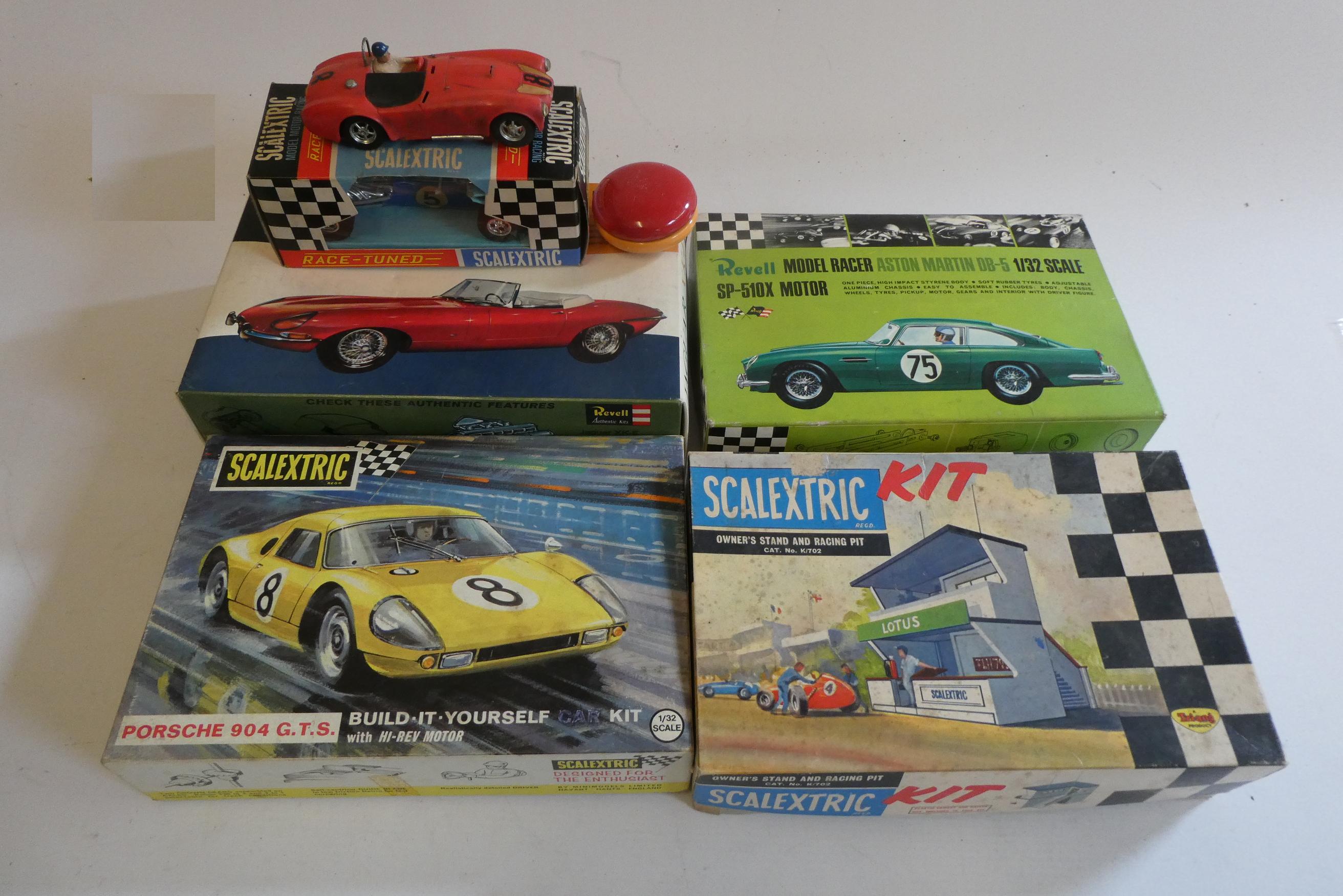 Scalextric Mantra GP race car boxed, AC Cobra race car and three part built or incomplete Scalextric Image