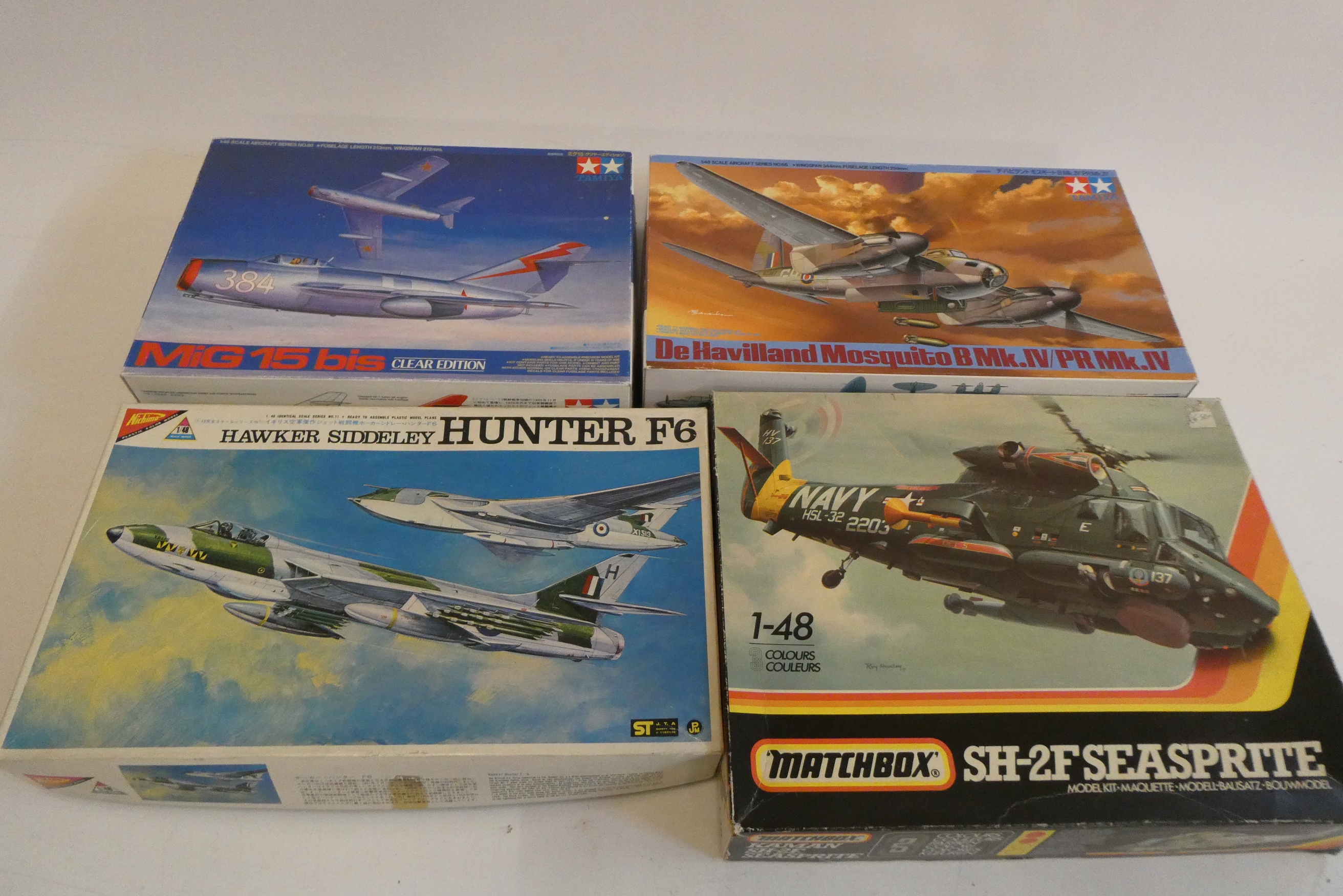 Four 148th scale model aircraft kits comprising Tamiya De Havilland Mosquito Image