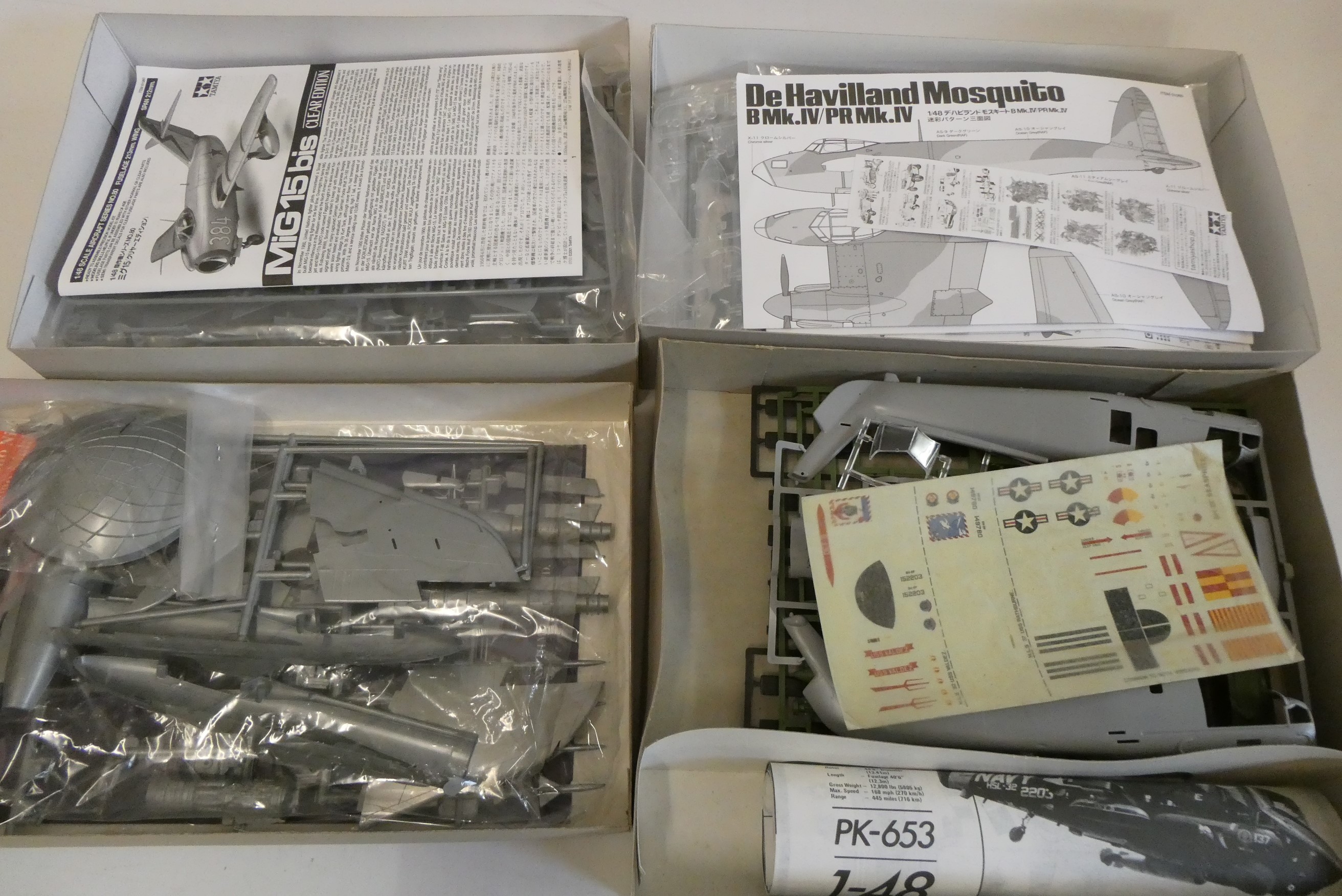 Four 148th scale model aircraft kits comprising Tamiya De Havilland Mosquito Image