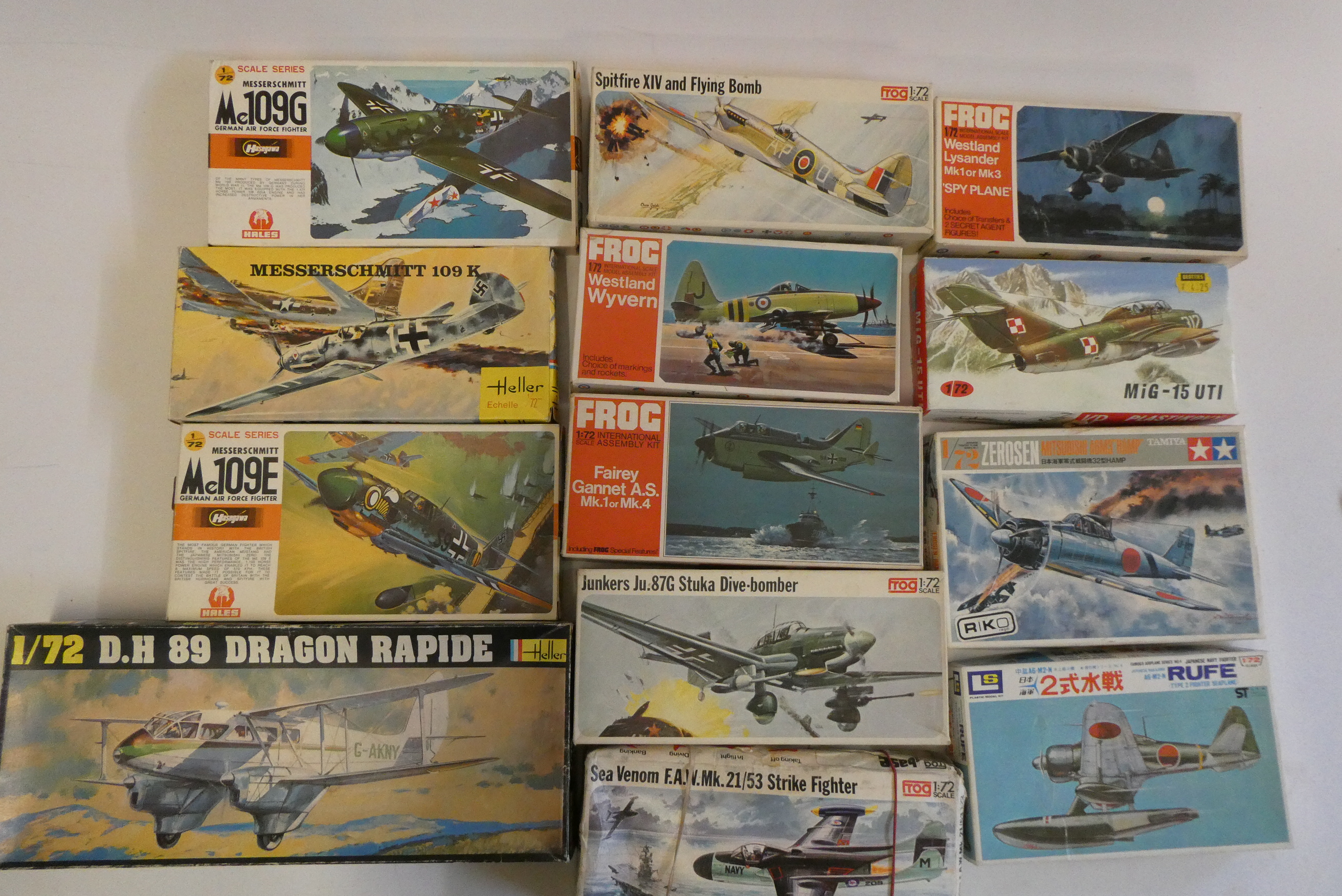 Thirteen 1/72nd scale model aircraft kits by Frog, Heller, Hasegawa and others including Sea Venom Image