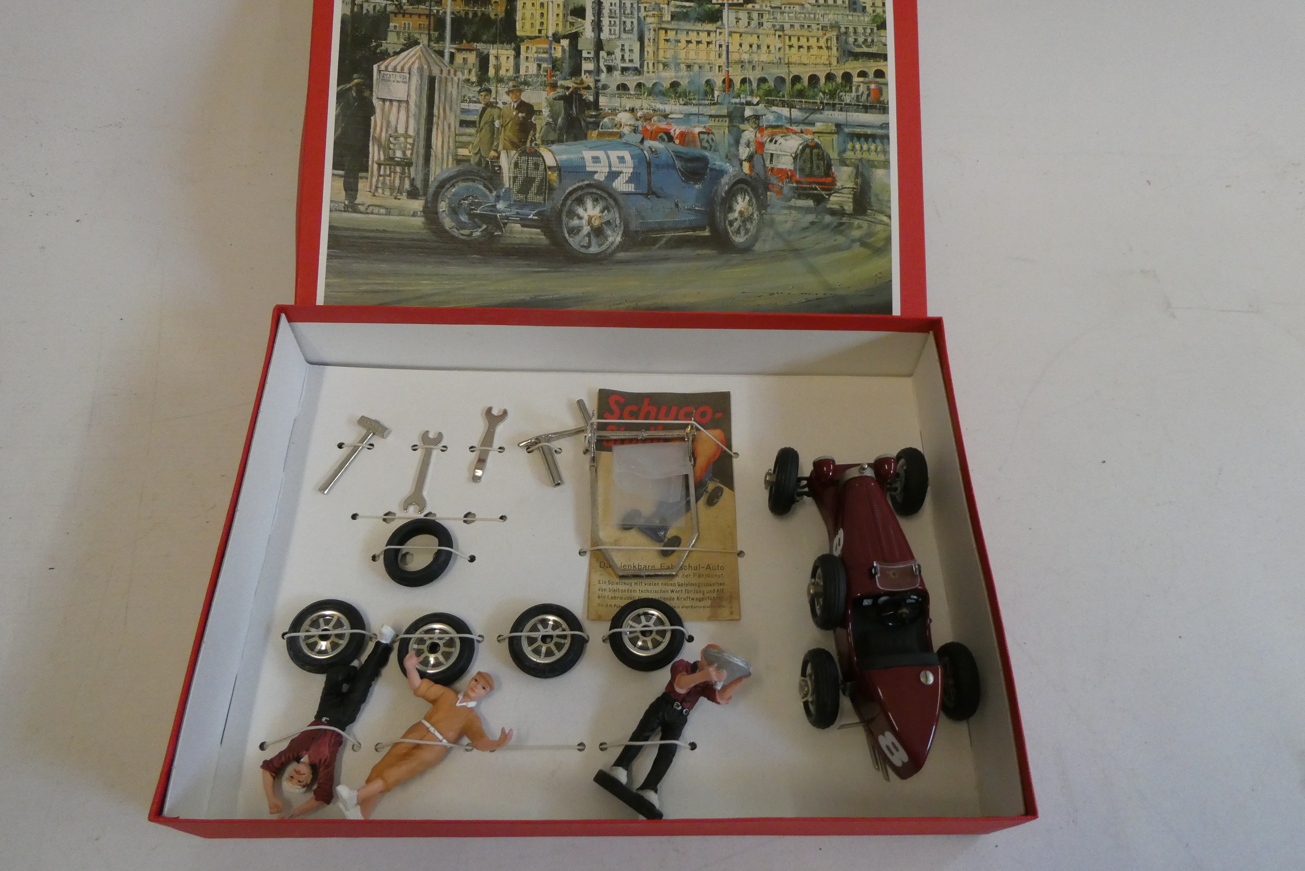 Three Schuco Late issue racing cars comprising Bugatti, Auto Union and Mercedes, all items boxed, Image