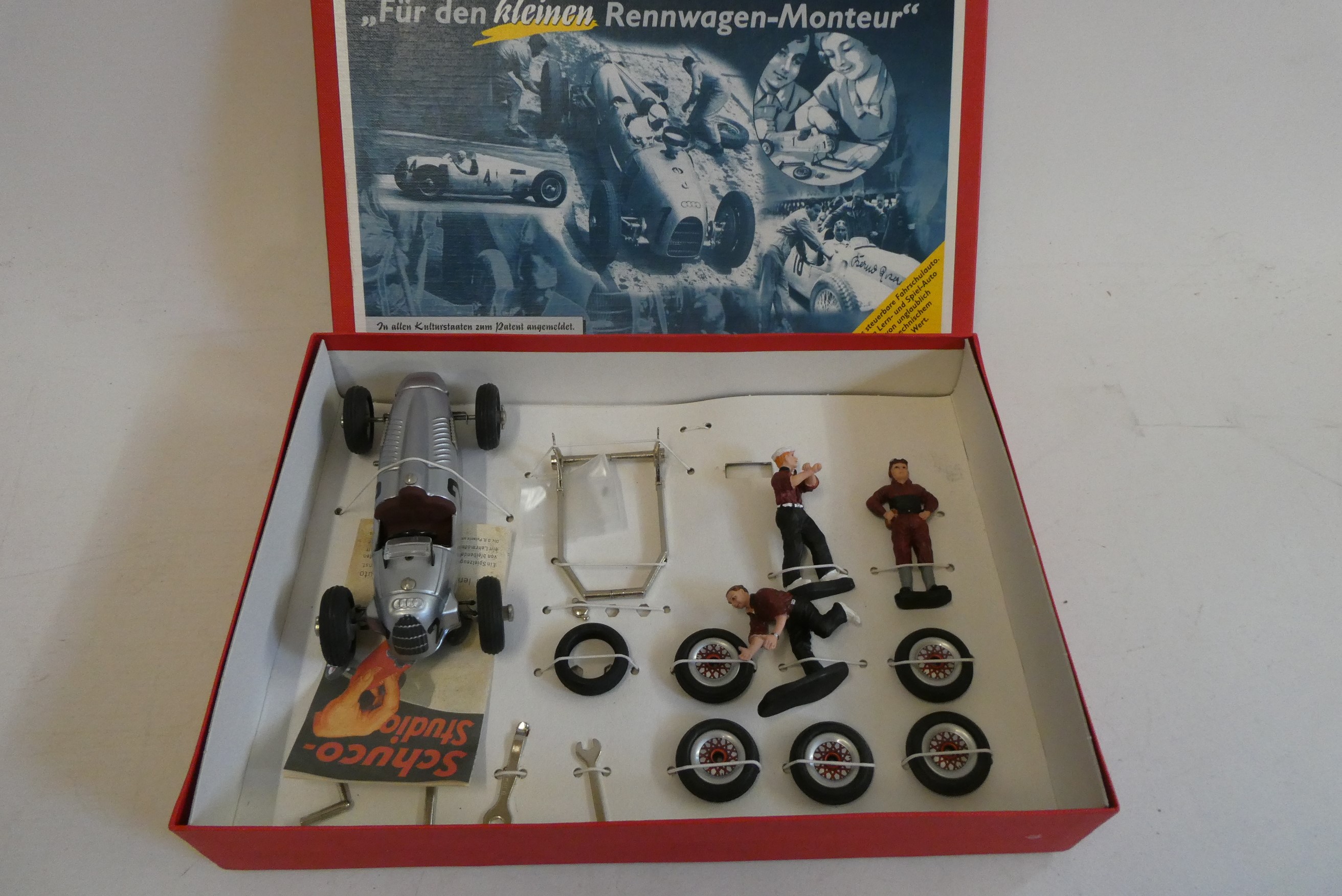 Three Schuco Late issue racing cars comprising Bugatti, Auto Union and Mercedes, all items boxed, Image