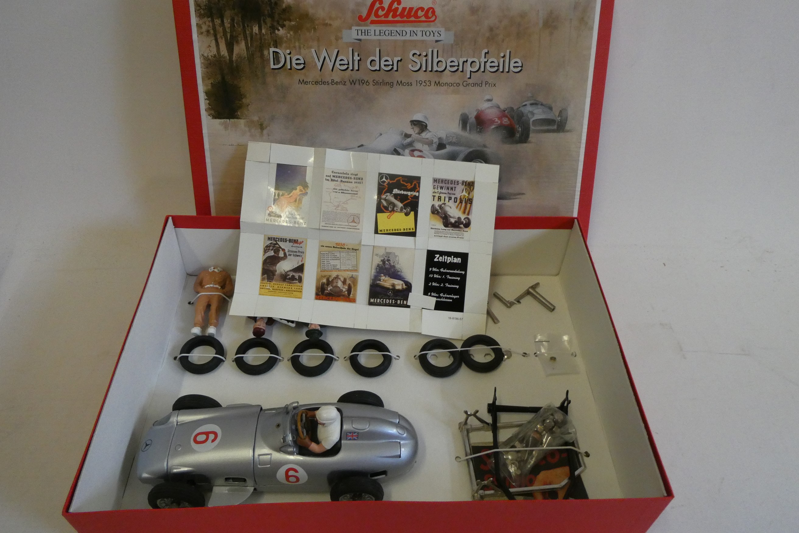 Three Schuco Late issue racing cars comprising Bugatti, Auto Union and Mercedes, all items boxed, Image