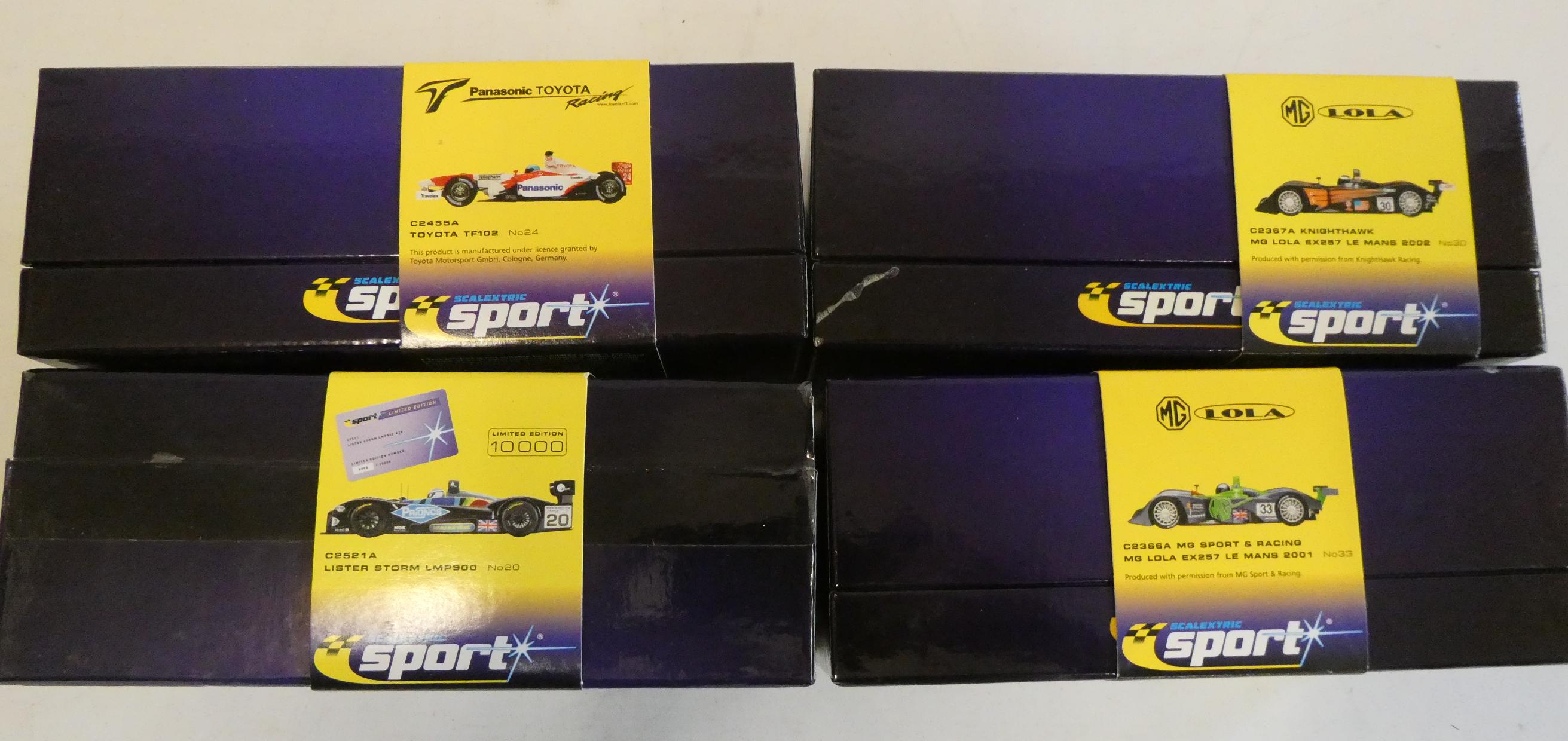Four Scalextric cars comprising two MG Lolas, Toyota TF102 and Lister Storm, all items boxed, Image
