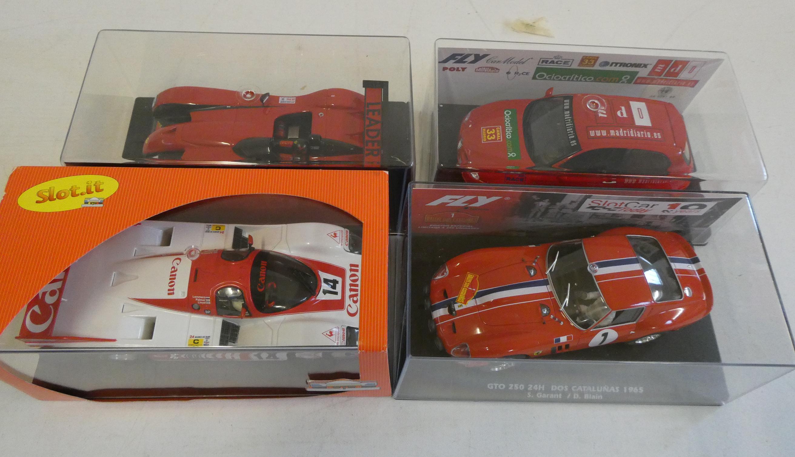 Fly models Ferrari GTO 24 hour Le-Mans Panoz, Alpha Romeo and147 GTA and Slot-it Canon race car, box Image