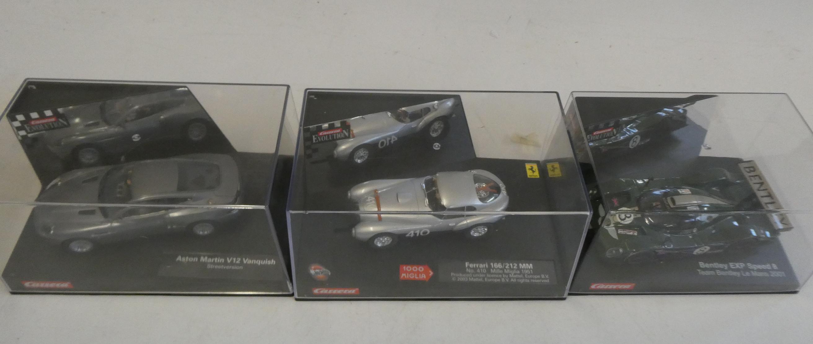 Three Carrera Slot cars comprising Ferrari 166MM, Aston Martin V12 Vanquish and Bentley EXP Speed 8, Image
